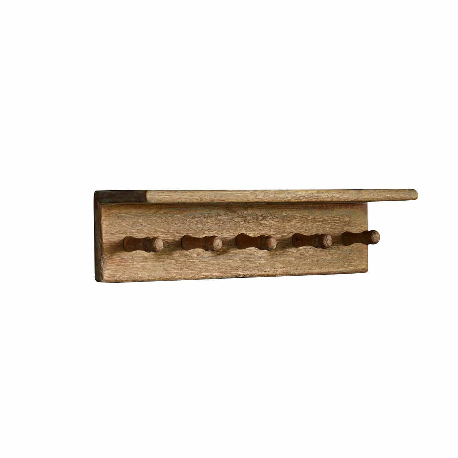 Wandregal Norellan Wandgarderobe aus Holz mit Ablage und sechs Haken in natürlicher Holzfarbe für den Flur