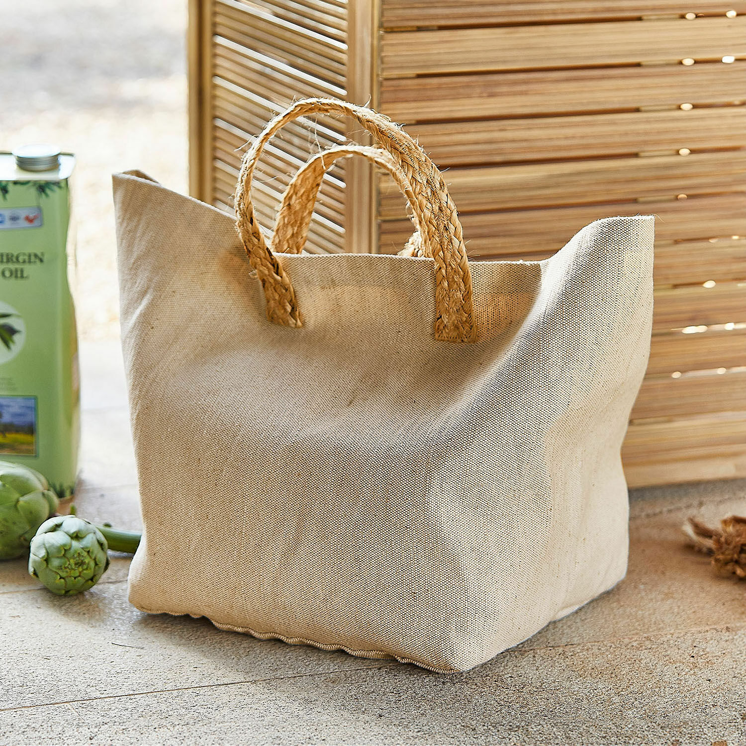 Tasche Bexirov Beige Stofftasche mit geflochtenen Griffen aus Naturmaterial, praktische Einkaufstasche