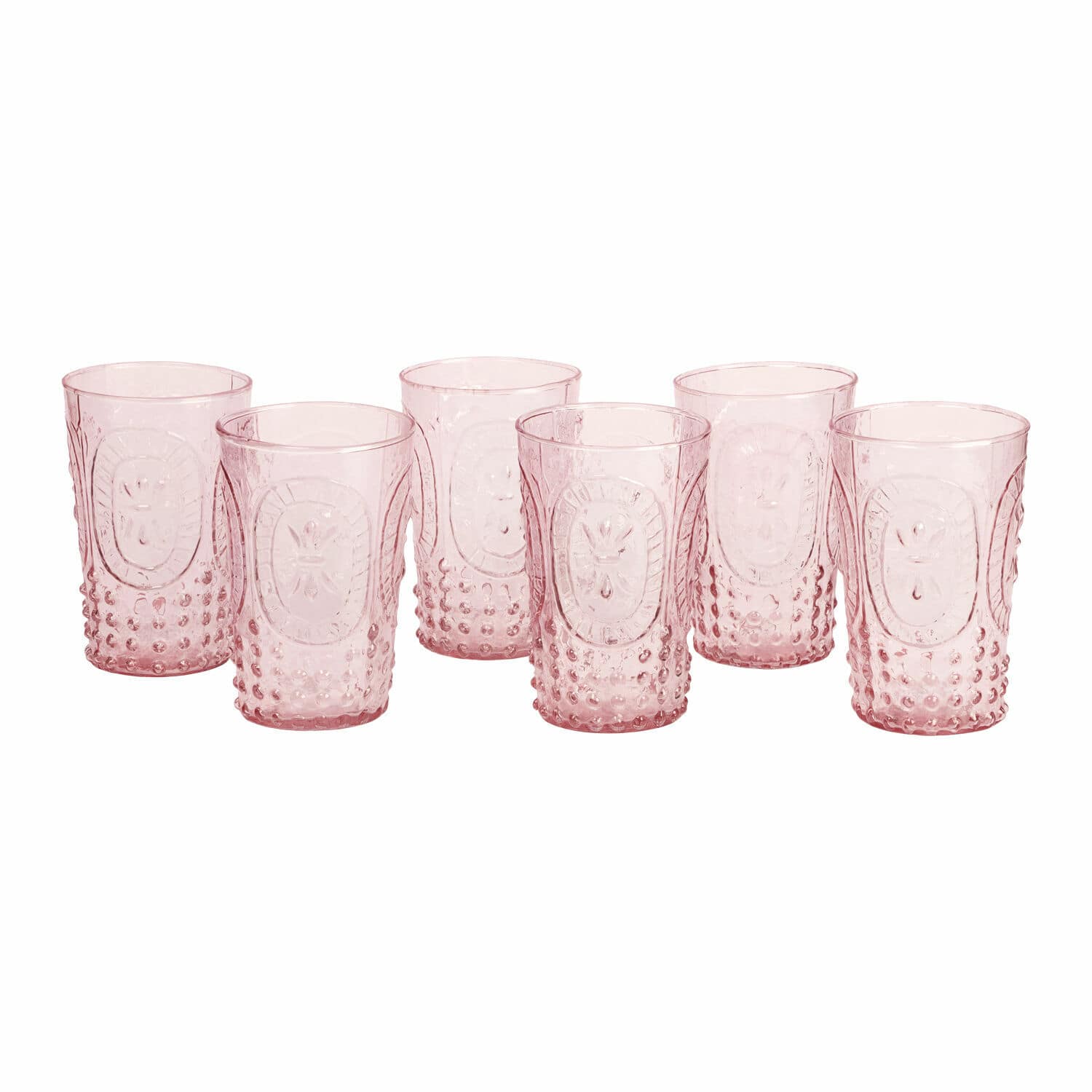 Glas 6er Set Fleury Set aus sechs rosa Trinkgläsern aus transparentem Glas mit dekorativem Muster