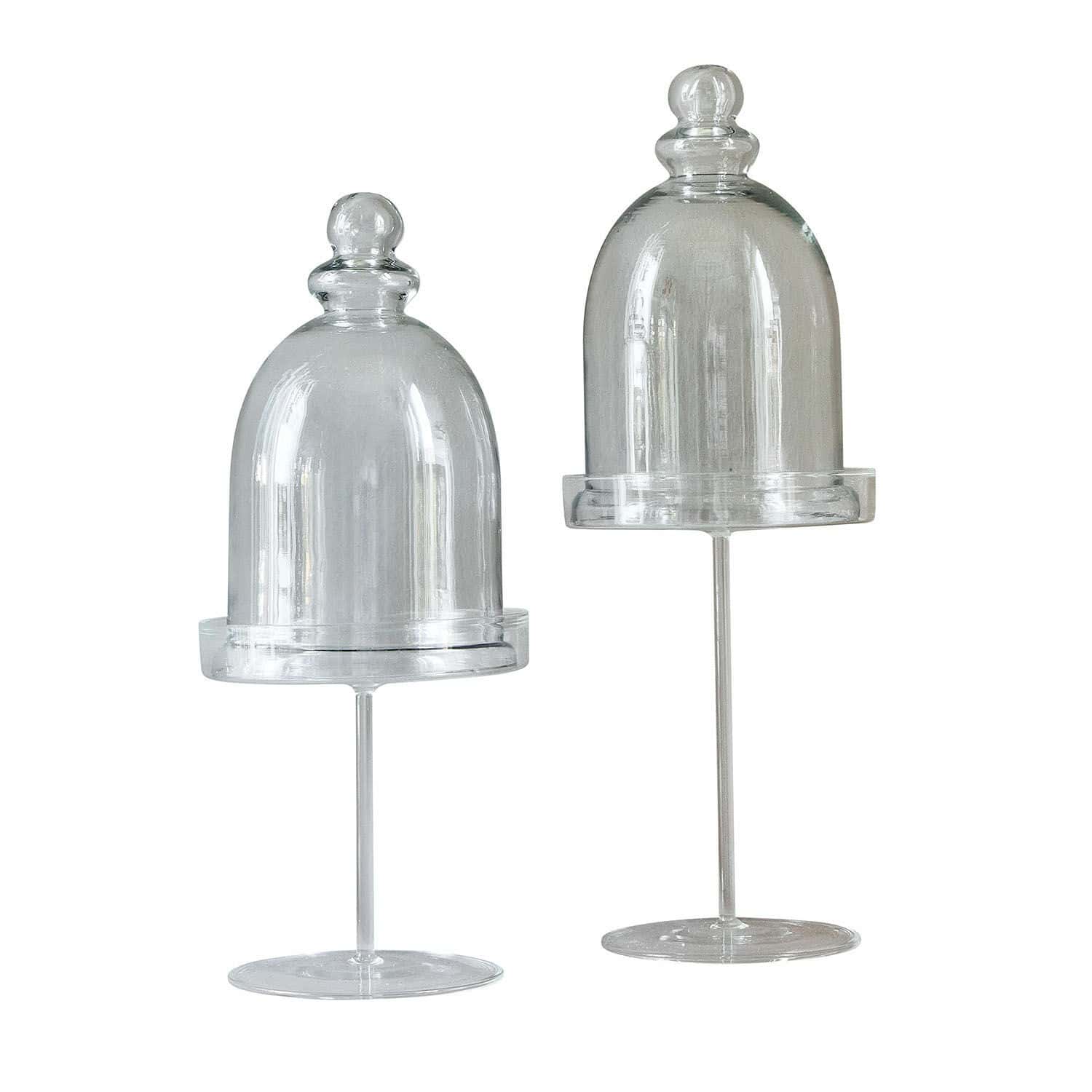 Glasglocke 2er Set Hibous Zwei transparente Glasglocken auf Ständer für Wohnraumdekoration, minimalistisches Design