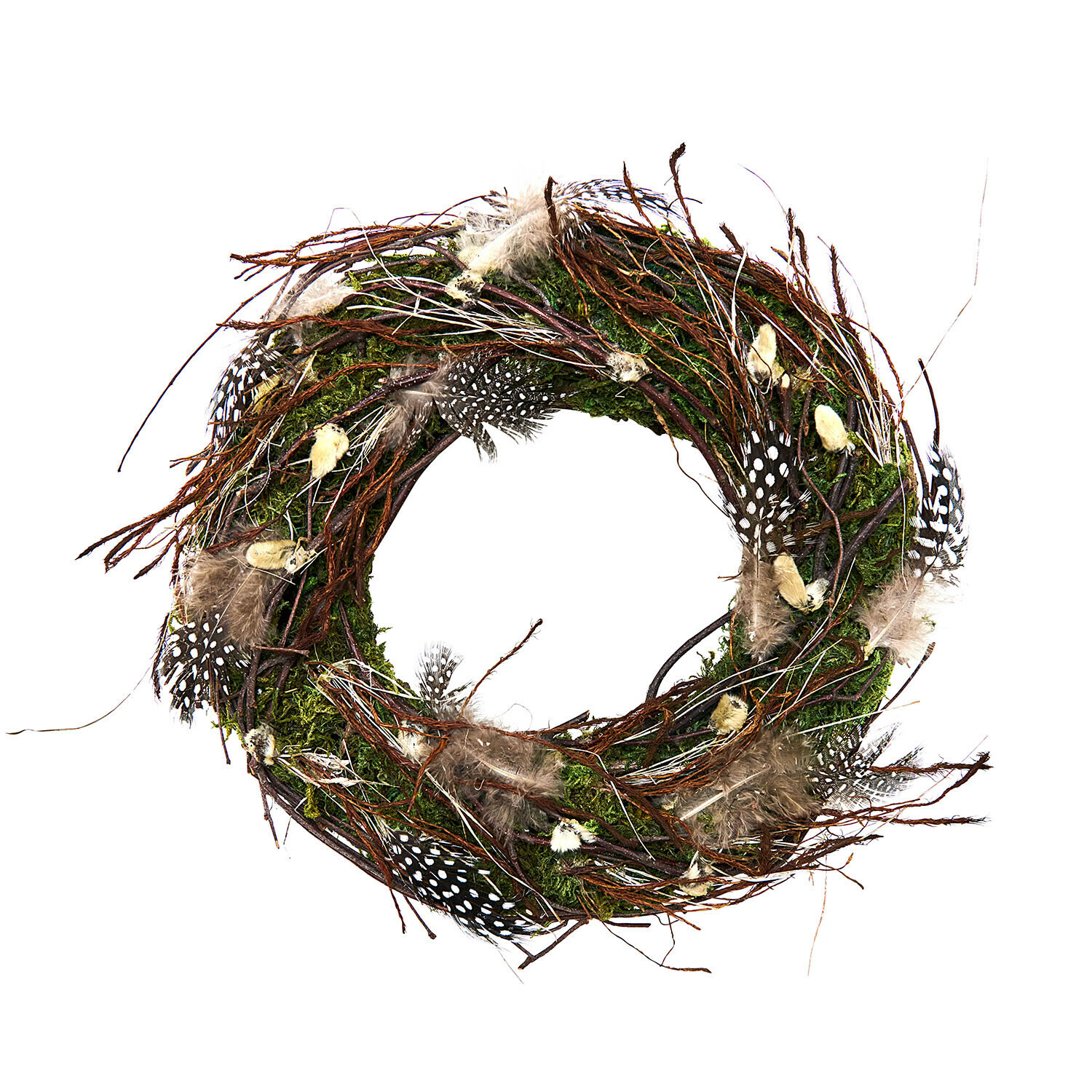 Dekorativer Kranz aus Zweigen, Moos und Federn in natürlichen Braun- und Grüntönen, Wanddeko