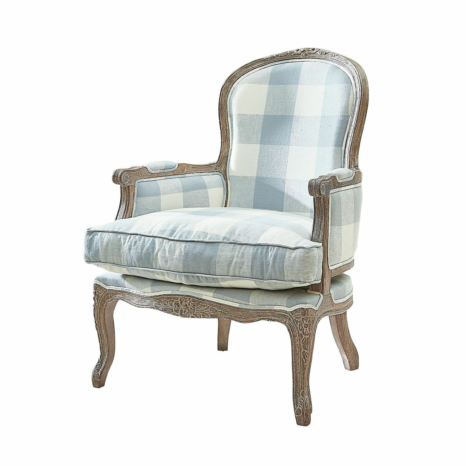 Sessel Quintelais Vintage Sessel aus Holz mit geschnitztem Rahmen und blau-weiß kariertem Stoffbezug