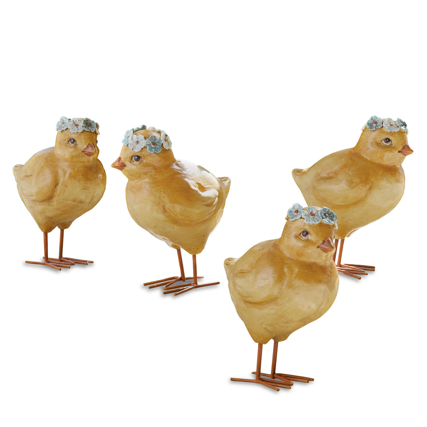Küken 4er Set Dorette Vier gelbe Deko-Küken aus Material mit blauen Blumenkränzen als Frühlingsdeko