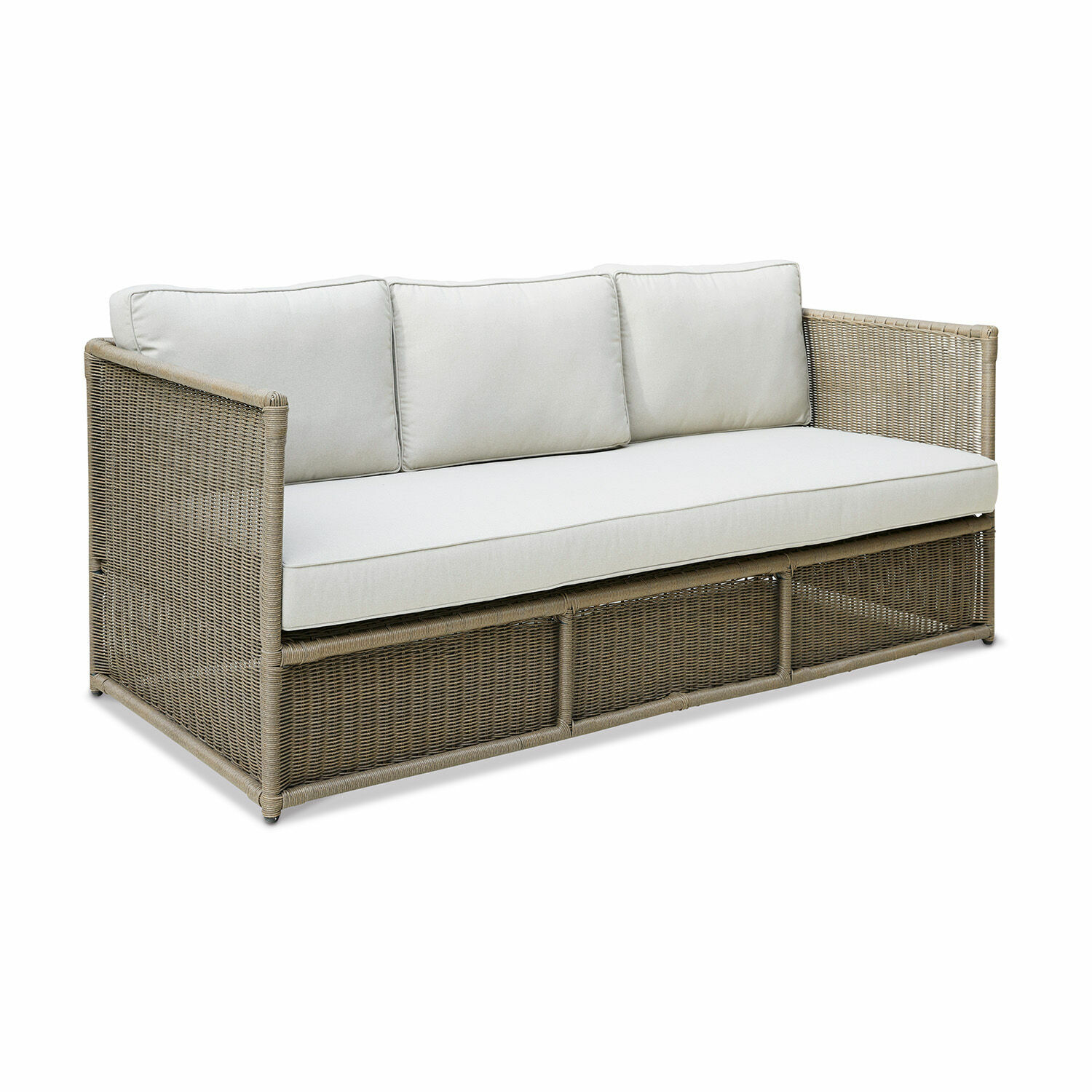 Sofa Lesmont Beiges Rattan-Sofa mit hellen Kissen, komfortables Gartenmöbel für Terrasse oder Balkon