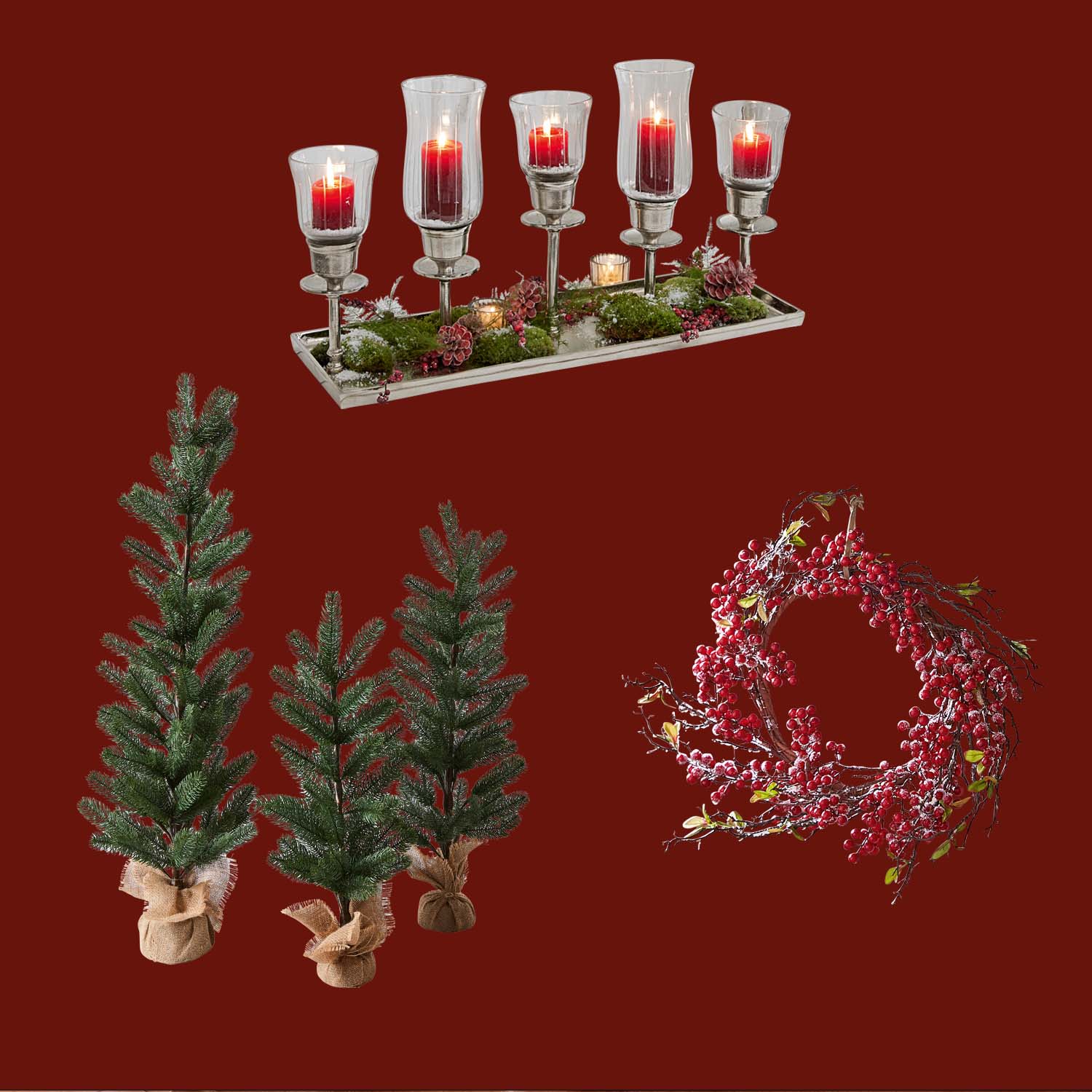 Weihnachtsdeko-Set mit roten Kerzen, grünen Tannenbäumen und rotem Beerenkranz