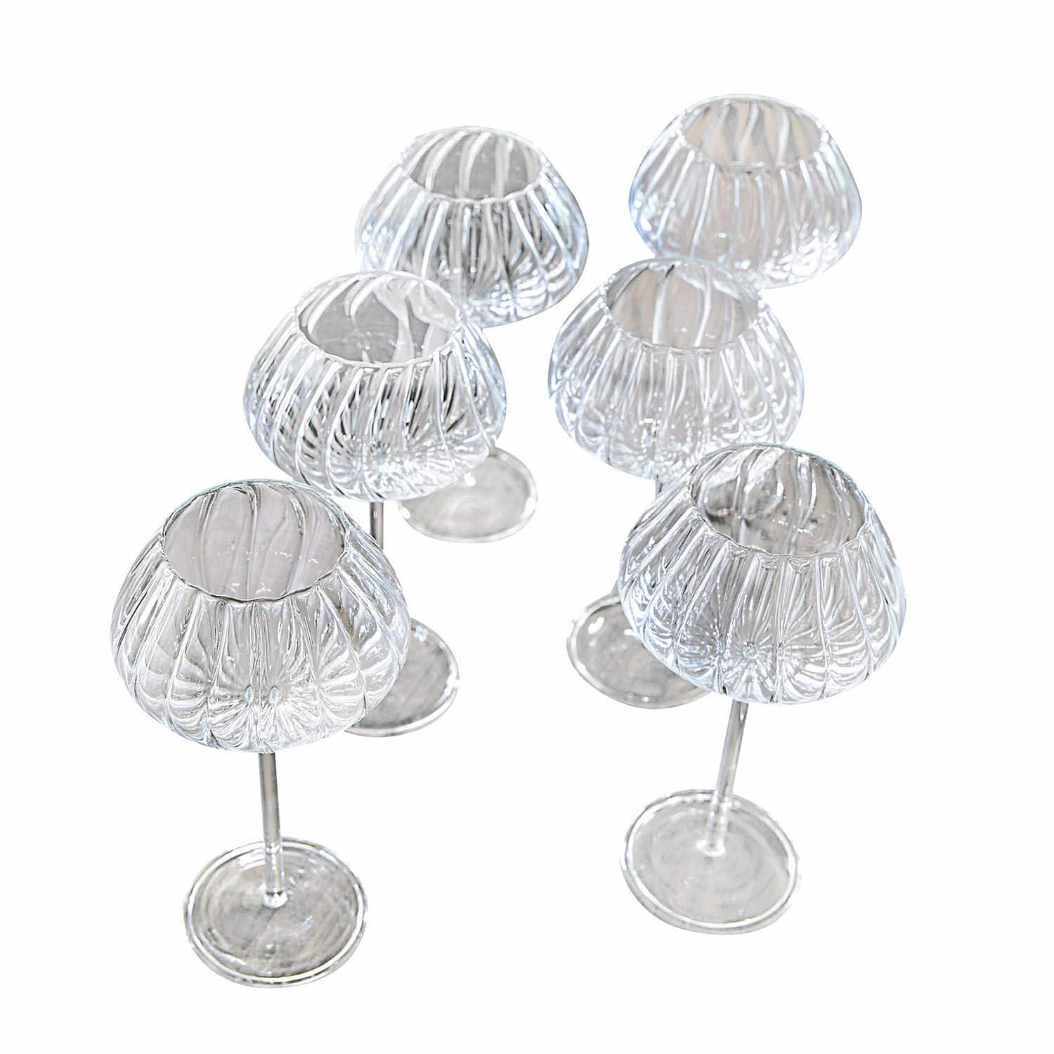 Weinglas 6er Set Minou Set aus sechs transparenten Glas-Teelichthaltern auf Stiel mit dekorativem Rillenmuster