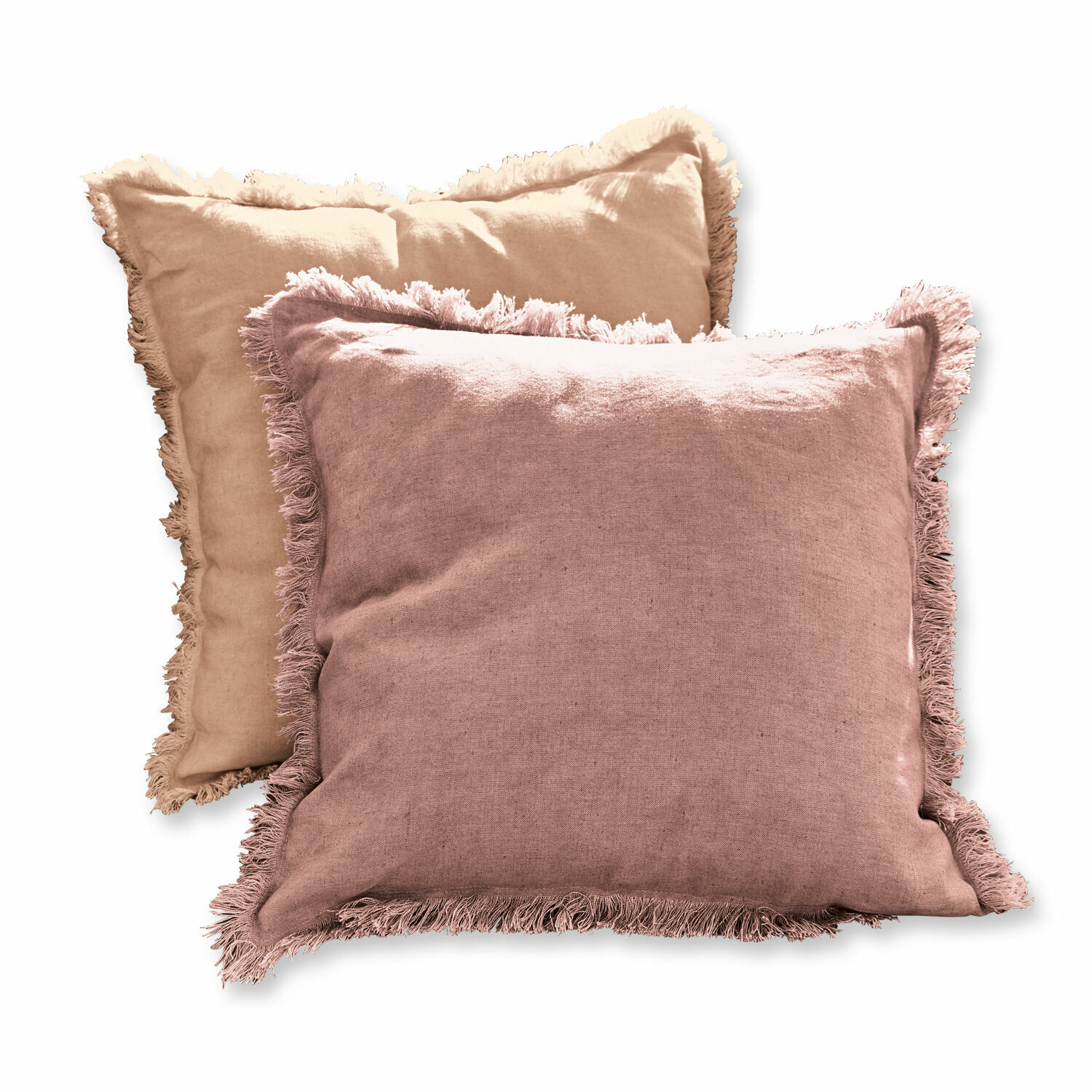 Kissenhülle 2er Set Quebo Set aus zwei dekorativen Leinenkissen mit Fransen in Rosa und Beige für gemütliches Wohnen