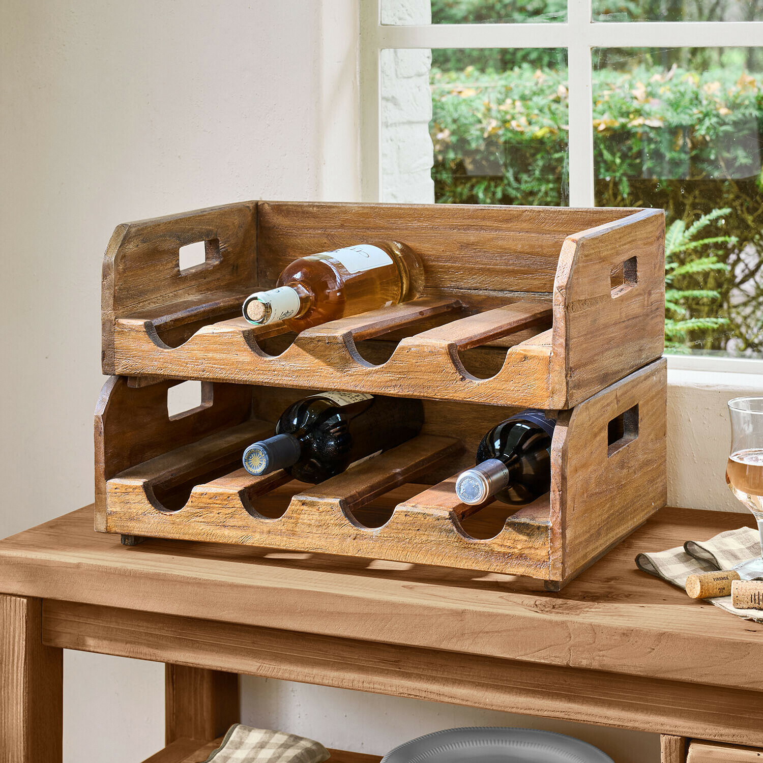 Flaschenhalter 2er Set Crestwooden Weinregal aus Holz in Naturfarbe mit sechs Fächern, praktischer Küchenorganizer für Weinflaschen