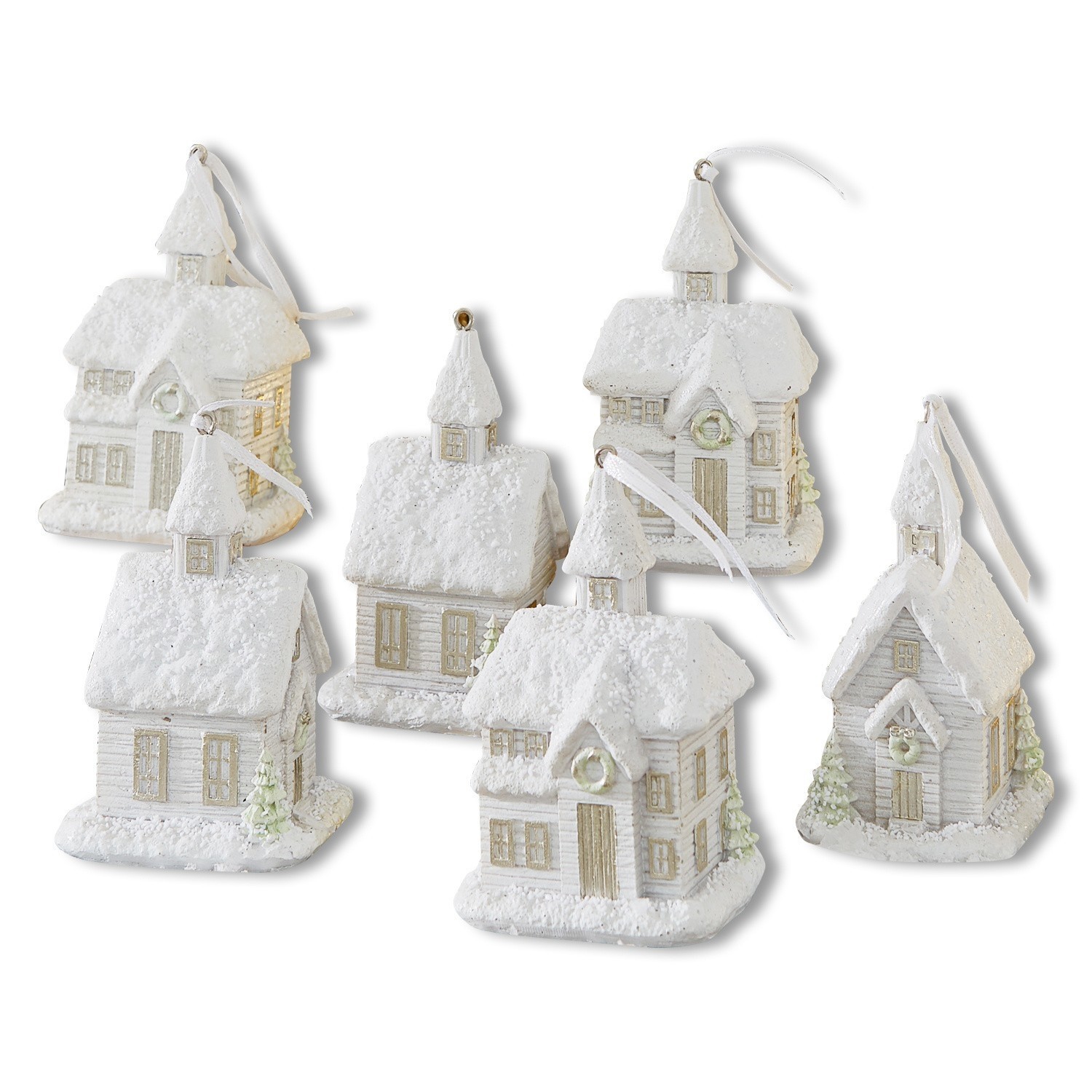 Weihnachtsschmuck 6er Set Legé Set aus sechs weißen Häuschen mit Schneeeffekt als Weihnachtsbaumschmuck zum Aufhängen