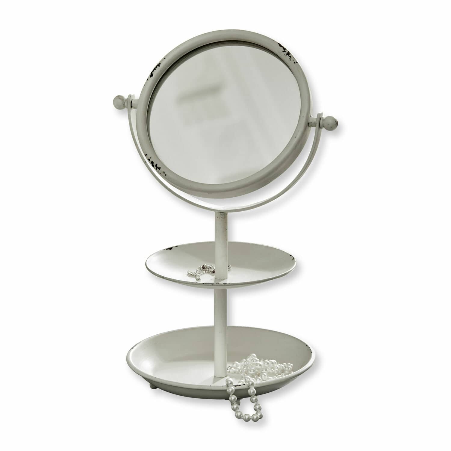 Kosmetikspiegel Elsa Weißes Metall-Tischspiegel mit zwei Ablagen für Schmuck im Vintage-Stil
