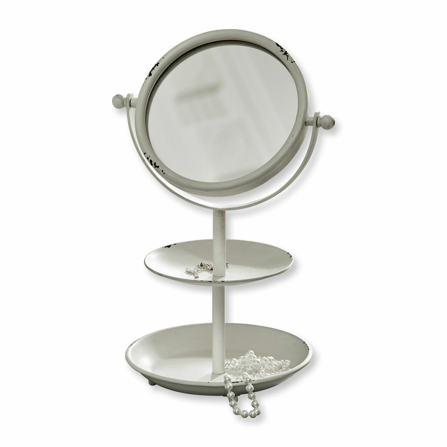 Kosmetikspiegel Elsa Weißes Metall-Tischspiegel mit zwei Ablagen für Schmuck im Vintage-Stil