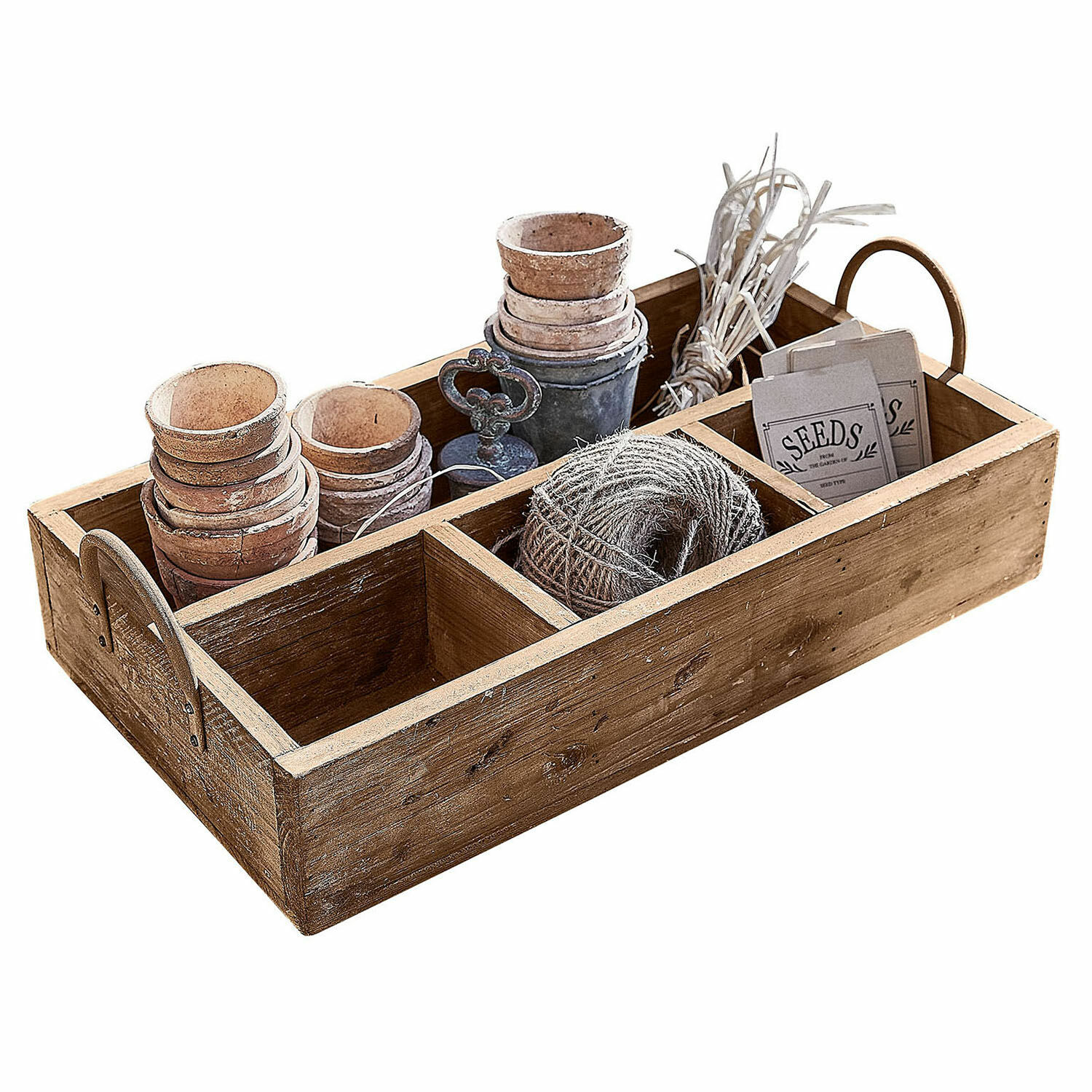 Tablett Jixel Holzkiste mit Fächern, Terrakottatöpfen, Schnur und Samen für Gartenbedarf