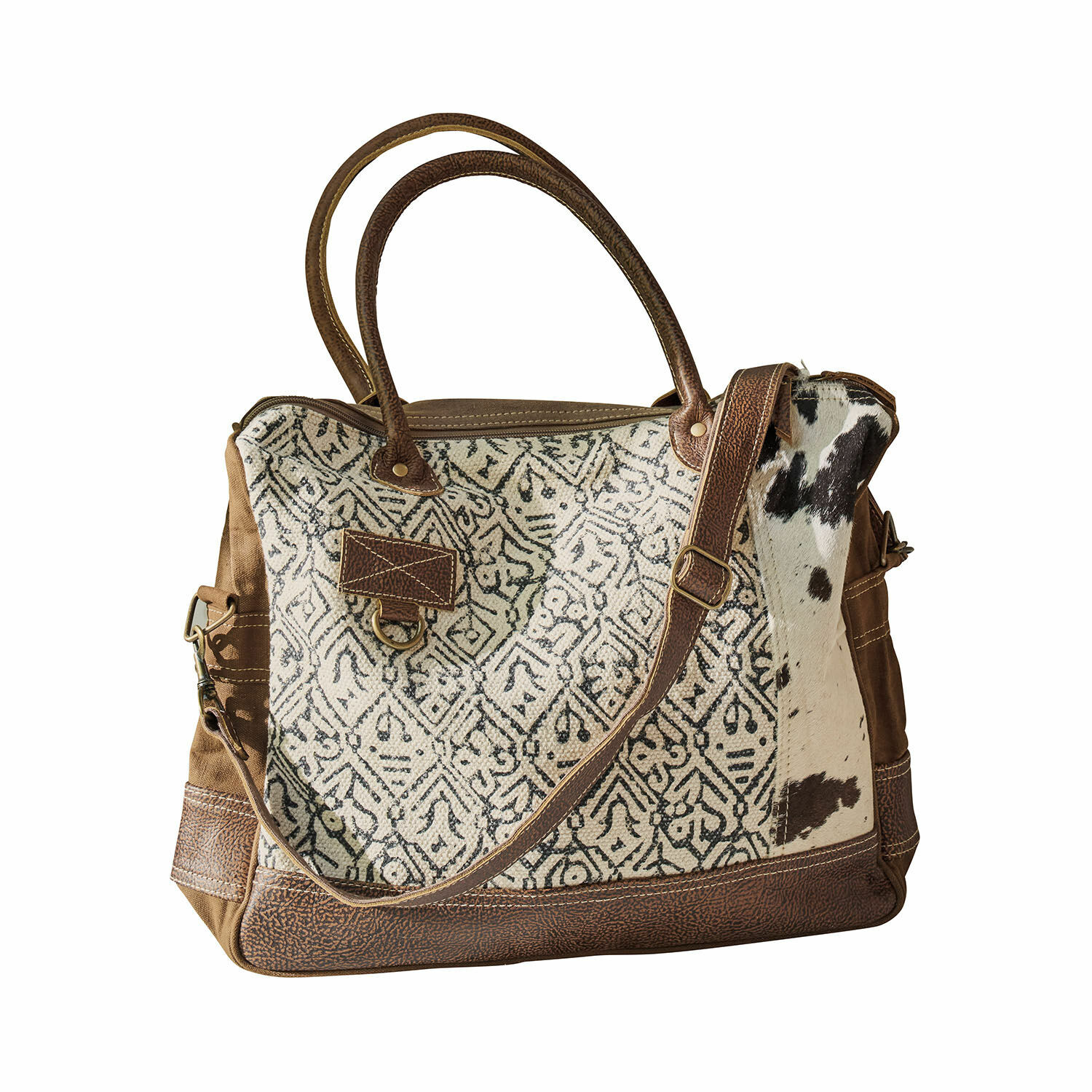 Tasche Elma Tasche aus gemustertem Stoff und braunem Leder mit Fellbesatz, modisches Alltagsaccessoire