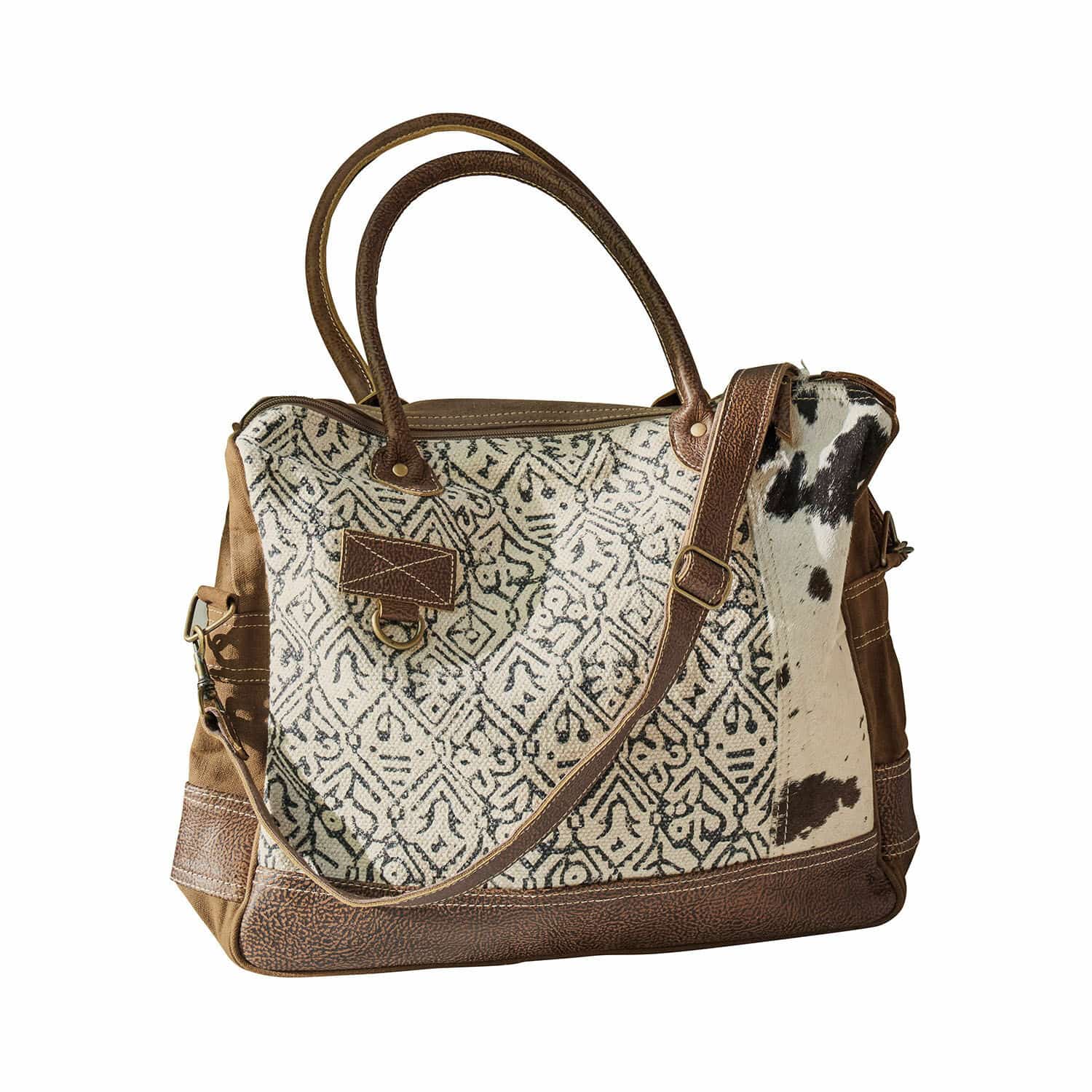 Tasche Elma Tasche aus gemustertem Stoff und braunem Leder mit Fellbesatz, modisches Alltagsaccessoire