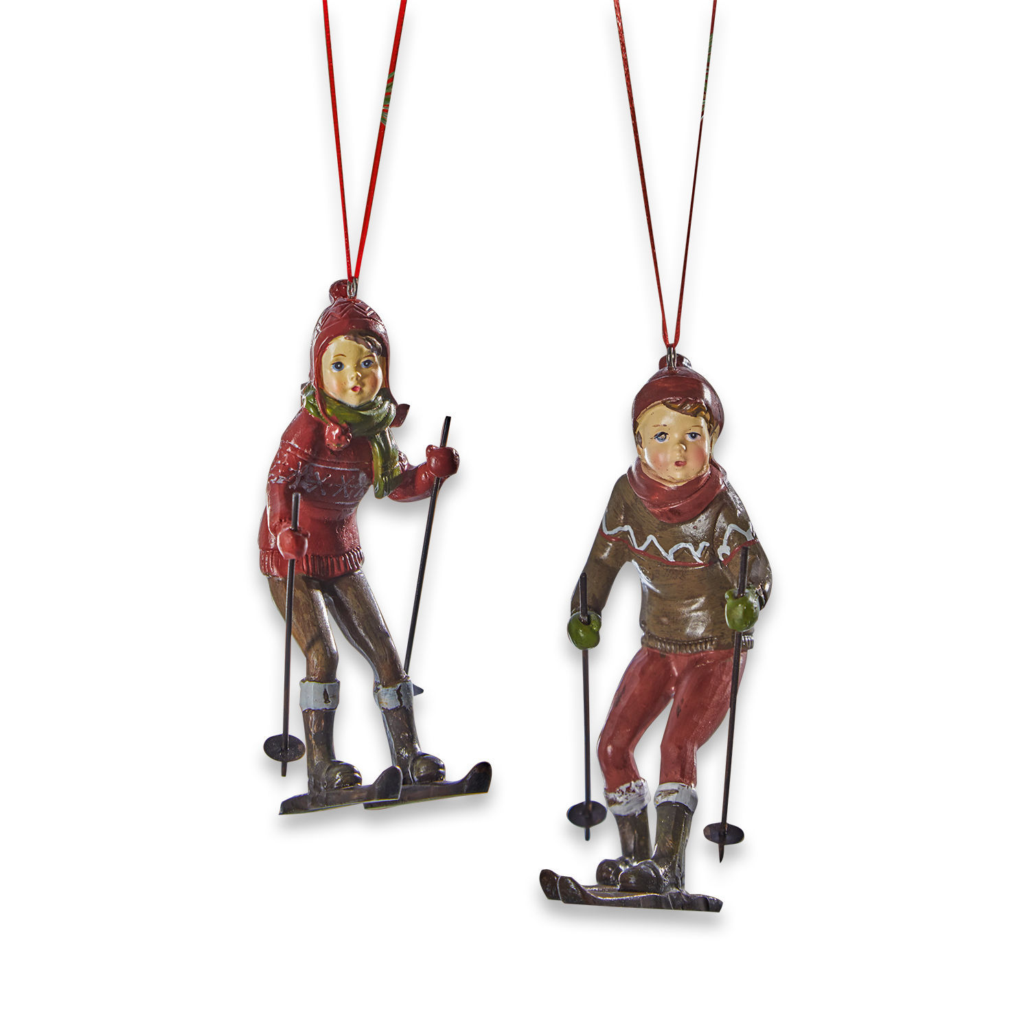 Figur 2er Set Gulbin Zwei hängende Skifahrer-Figuren in roten und braunen Kleidern, winterliche Dekoration