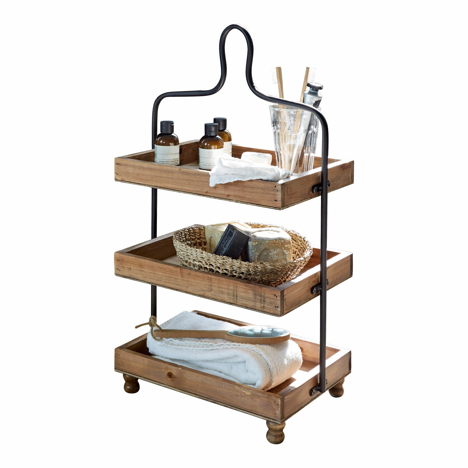 Etagere Lasse Dreistöckiges Regal aus Holz und Metall mit Badutensilien und weißen Handtüchern in Naturtönen