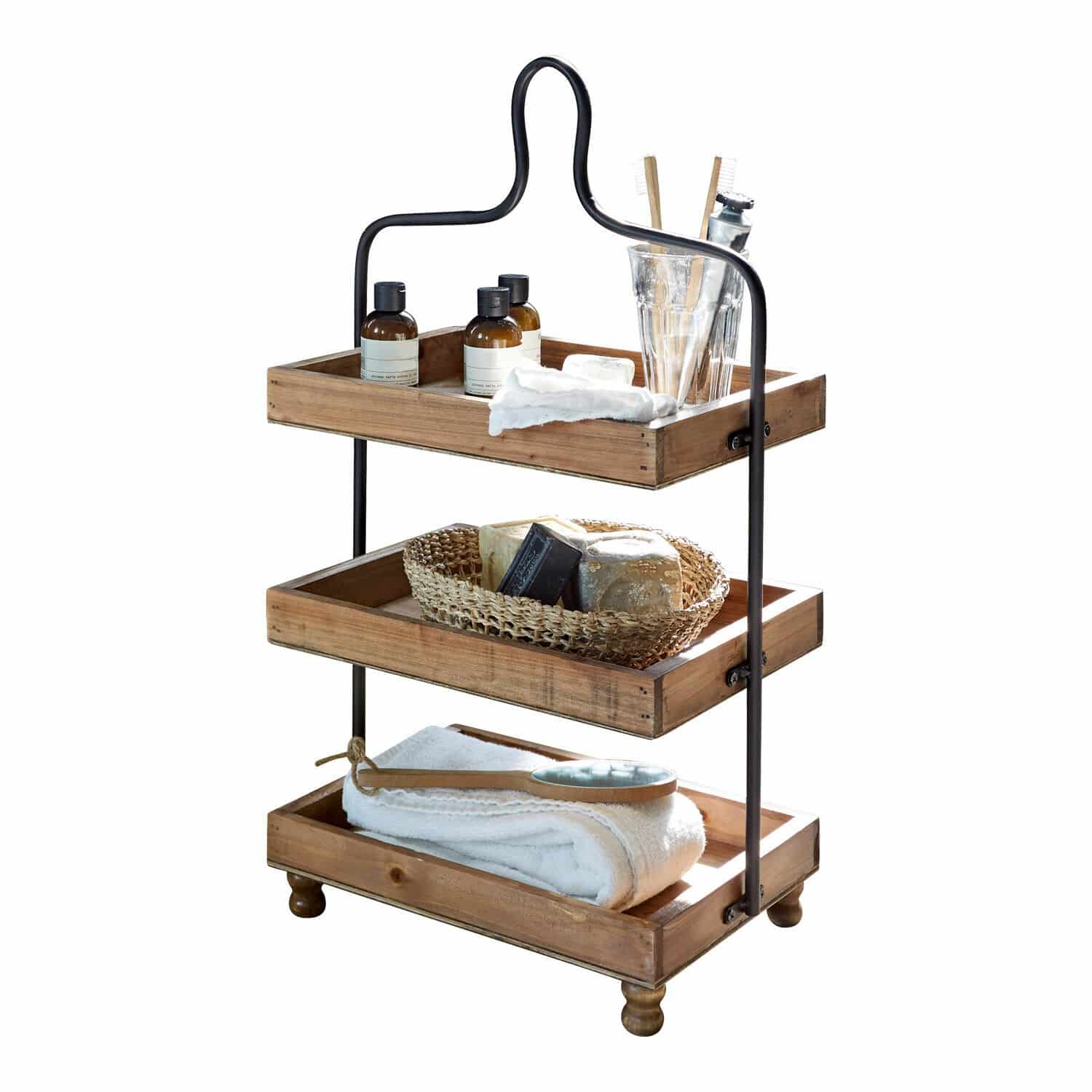 Etagere Lasse Dreistöckiges Regal aus Holz und Metall mit Badutensilien und weißen Handtüchern in Naturtönen