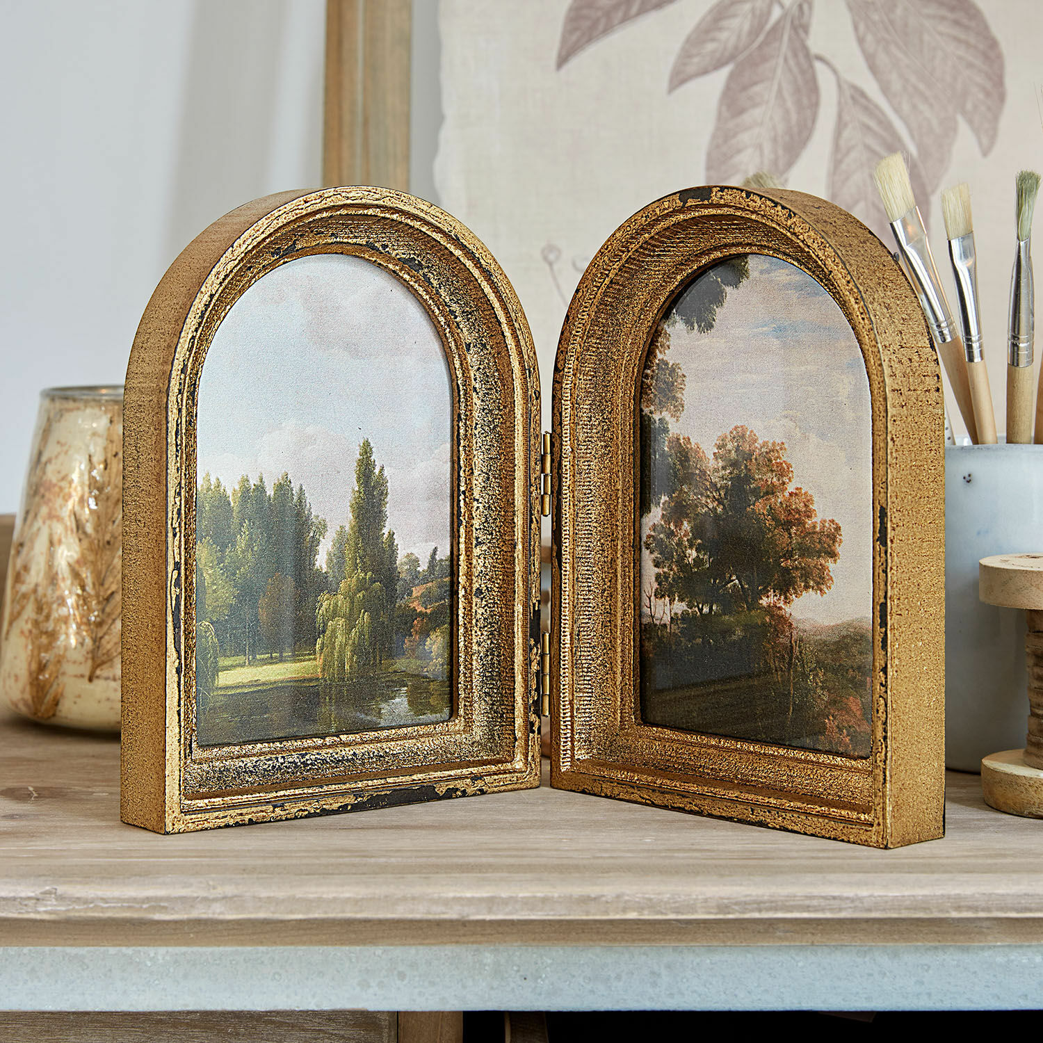 Bilderrahmen Beaurain Doppelter goldener Holzrahmen mit Landschaftsbildern, dekoratives Wohnaccessoire