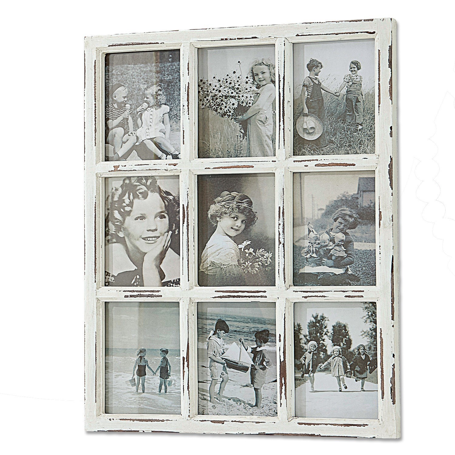 Bilderrahmen Vira Rustikaler weißer Holz-Fotorahmen mit neun schwarz-weißen Kinderfotos im Vintage-Stil