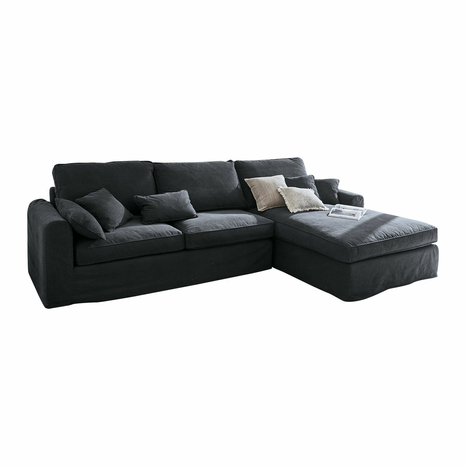 Sofa Seaford Großes schwarzes Ecksofa aus Stoff mit Kissen, bequem für Wohnzimmer