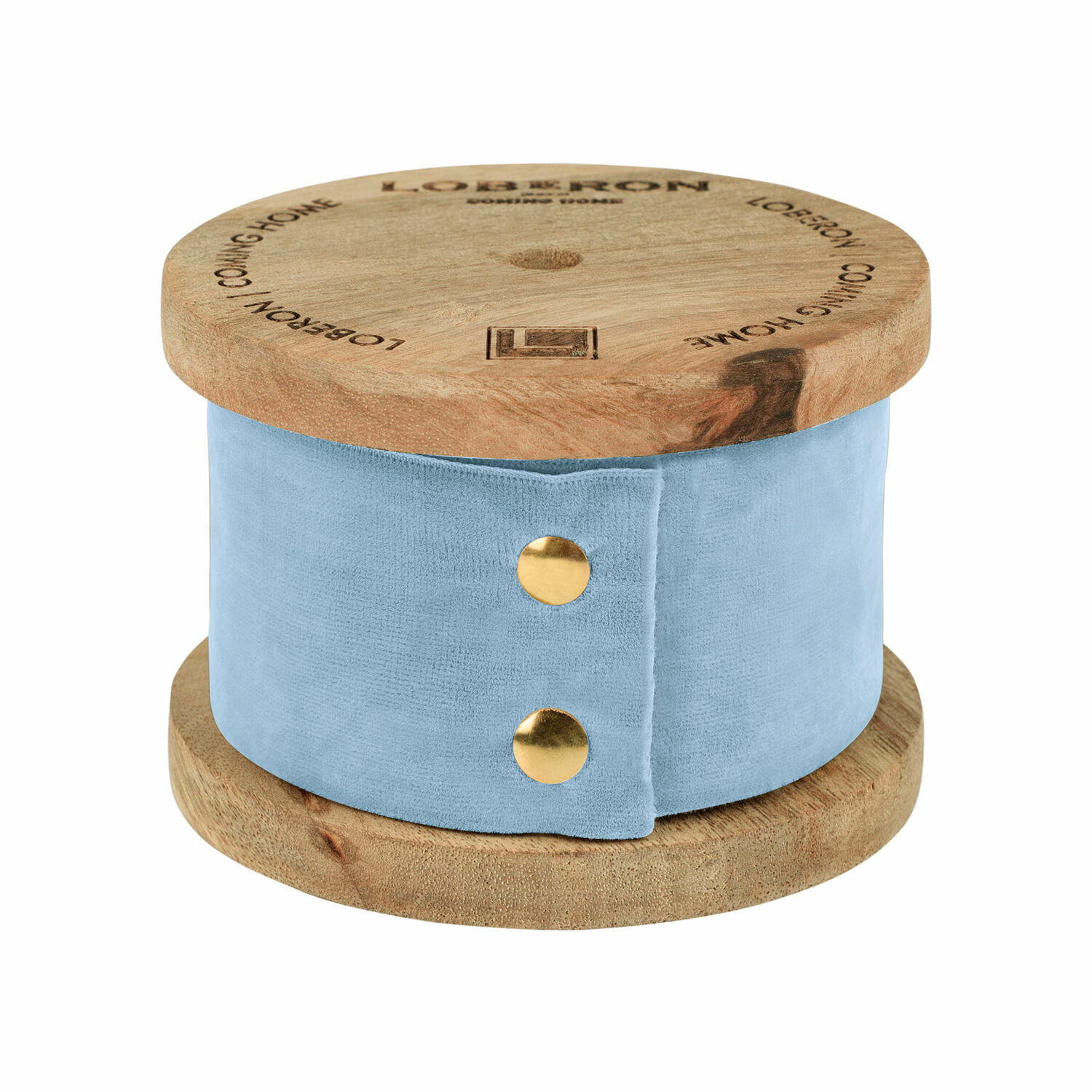 Samtband Phaedra Runde Aufbewahrungsbox aus Holz und blauem Samt mit Messingknöpfen für Dekoration