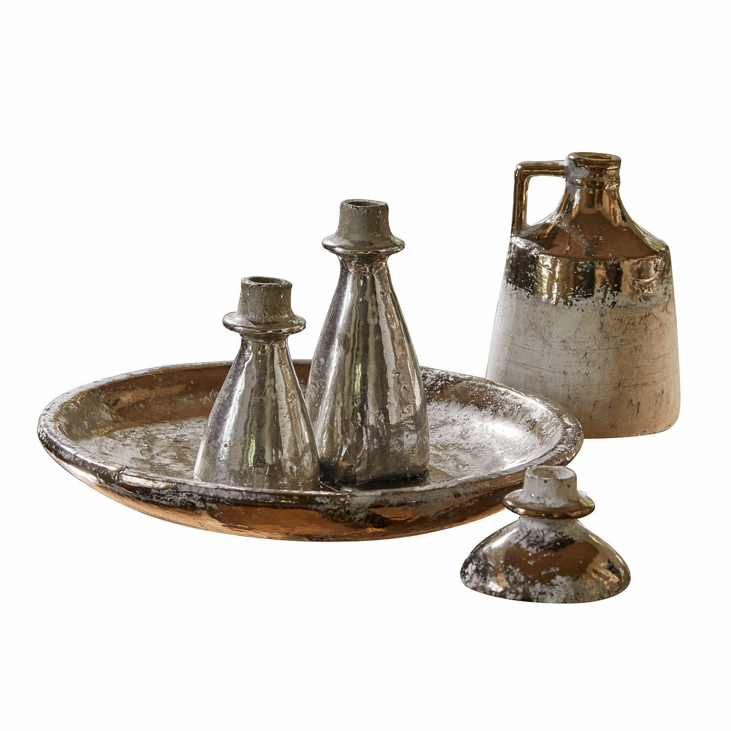 Tablett mit Vasen Tameena Dekoratives Keramikset in Silber-Braun mit Tablett und Flaschen für Vintage-Interieur