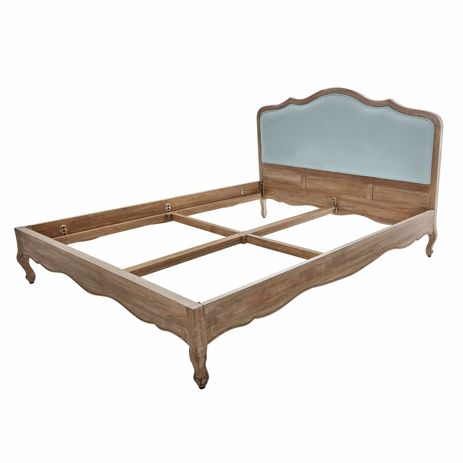 braun/blau Bett Serravalle aus braunem Holz mit blau gepolstertem Kopfteil im eleganten Vintage-Stil