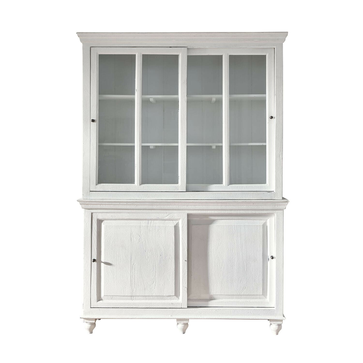 Weißer Holzvitrinenschrank mit Glastüren und Regalen zur Aufbewahrung im Wohnzimmer