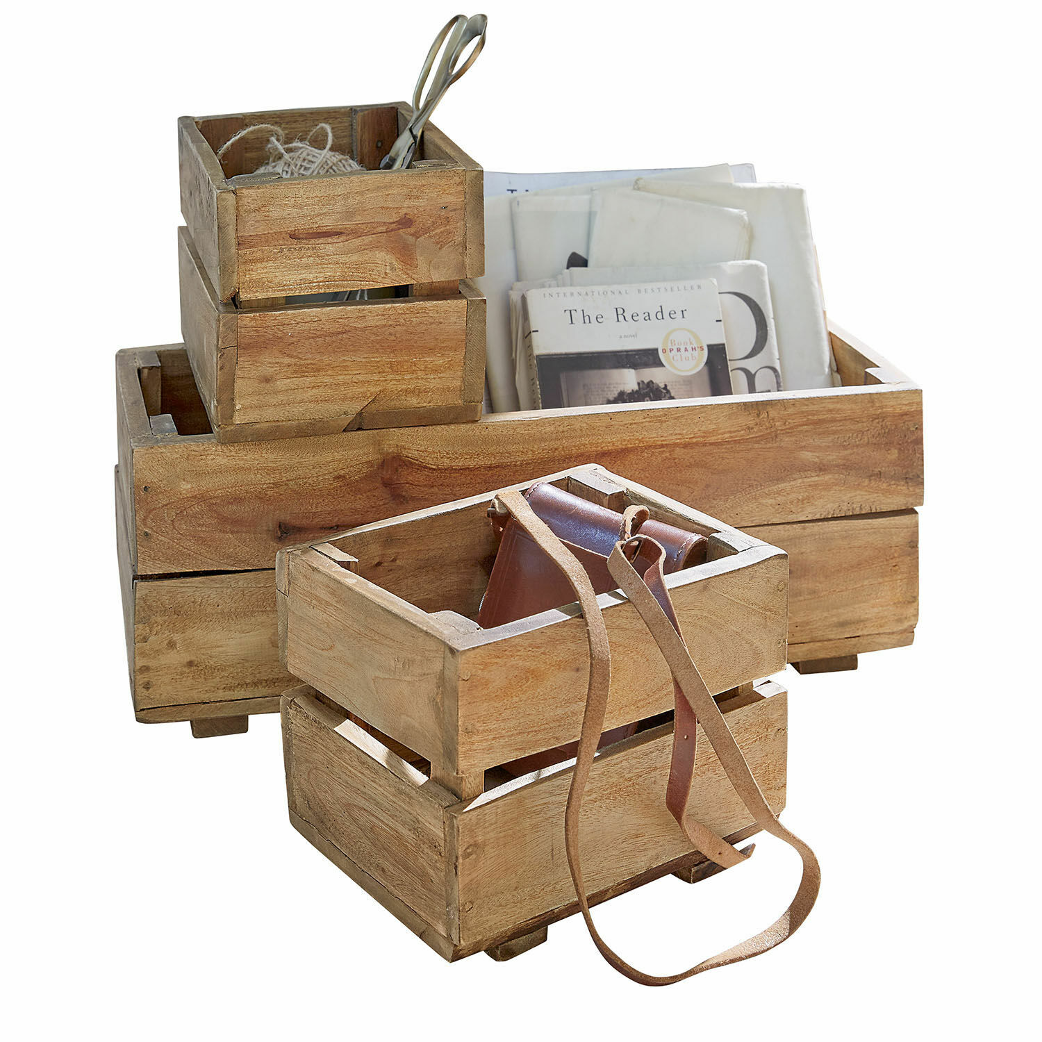 Box 3er Set Madina Set aus natürlichen Holzboxen mit Lederriemen und Büchern zur dekorativen Aufbewahrung