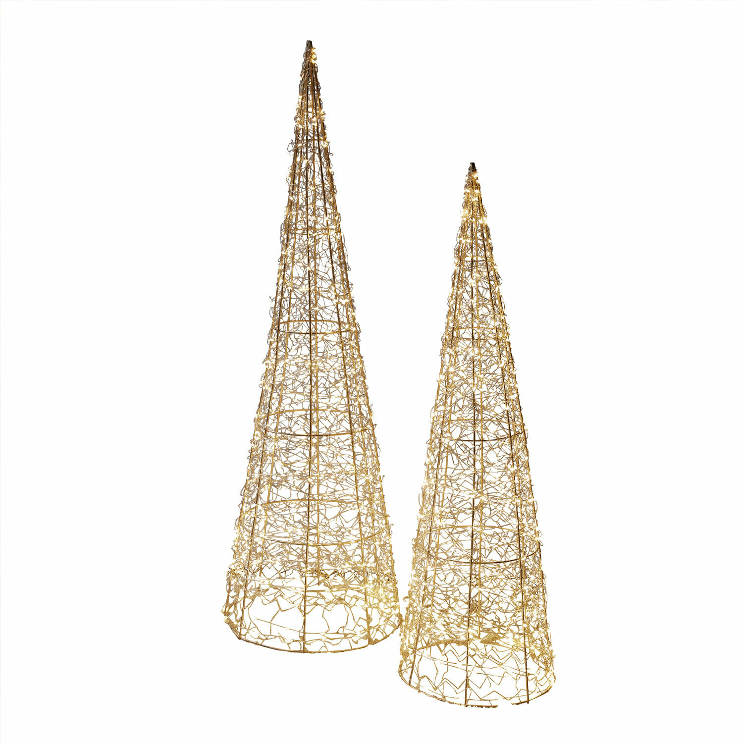 LED-Baum 2er Set Oakworth Zwei konische Dekoobjekte aus goldenem Metall mit LED-Lichterkette, festliche Weihnachtsbeleuchtung