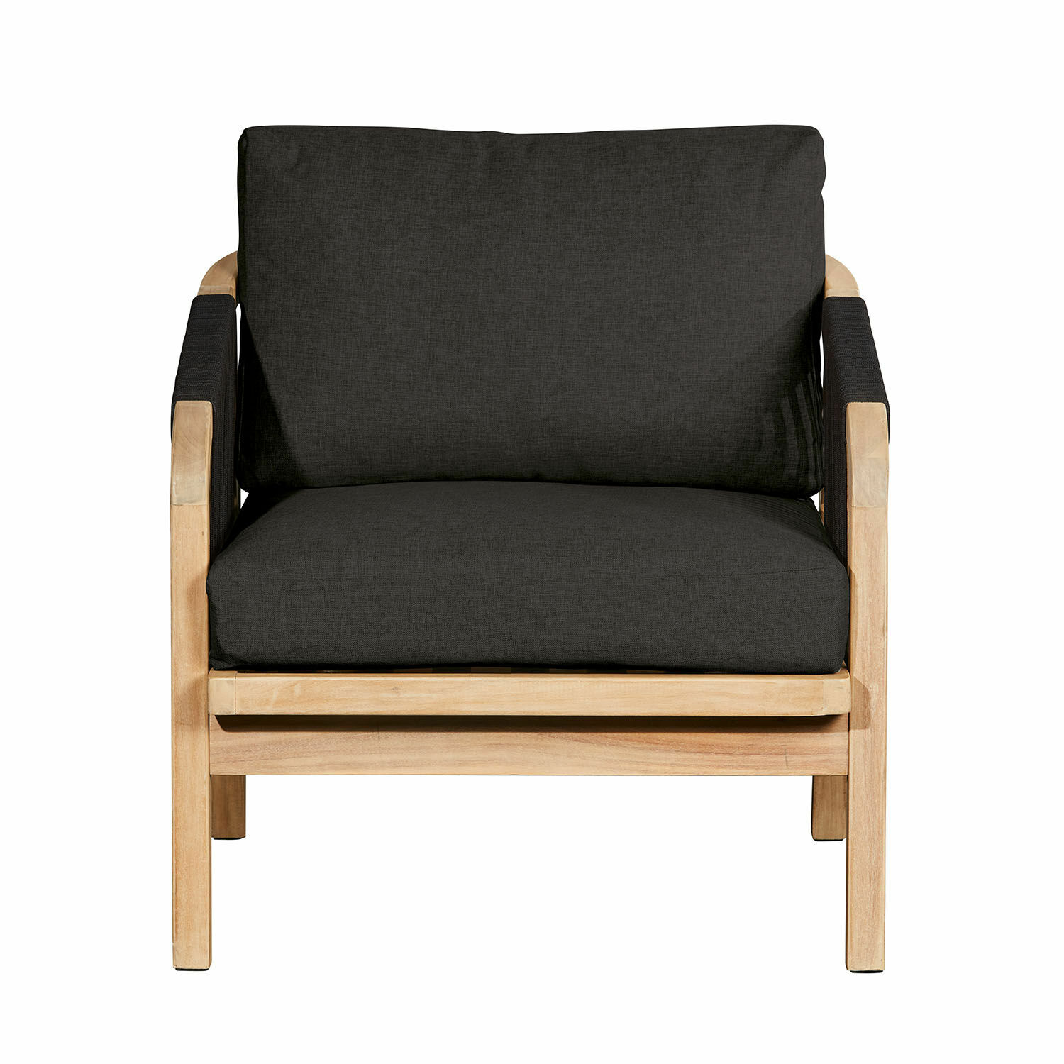 FSC-zertifizierter Shreveport Sessel aus braunem Holz mit anthrazitfarbenen Polstern, bequemer Wohnzimmersessel