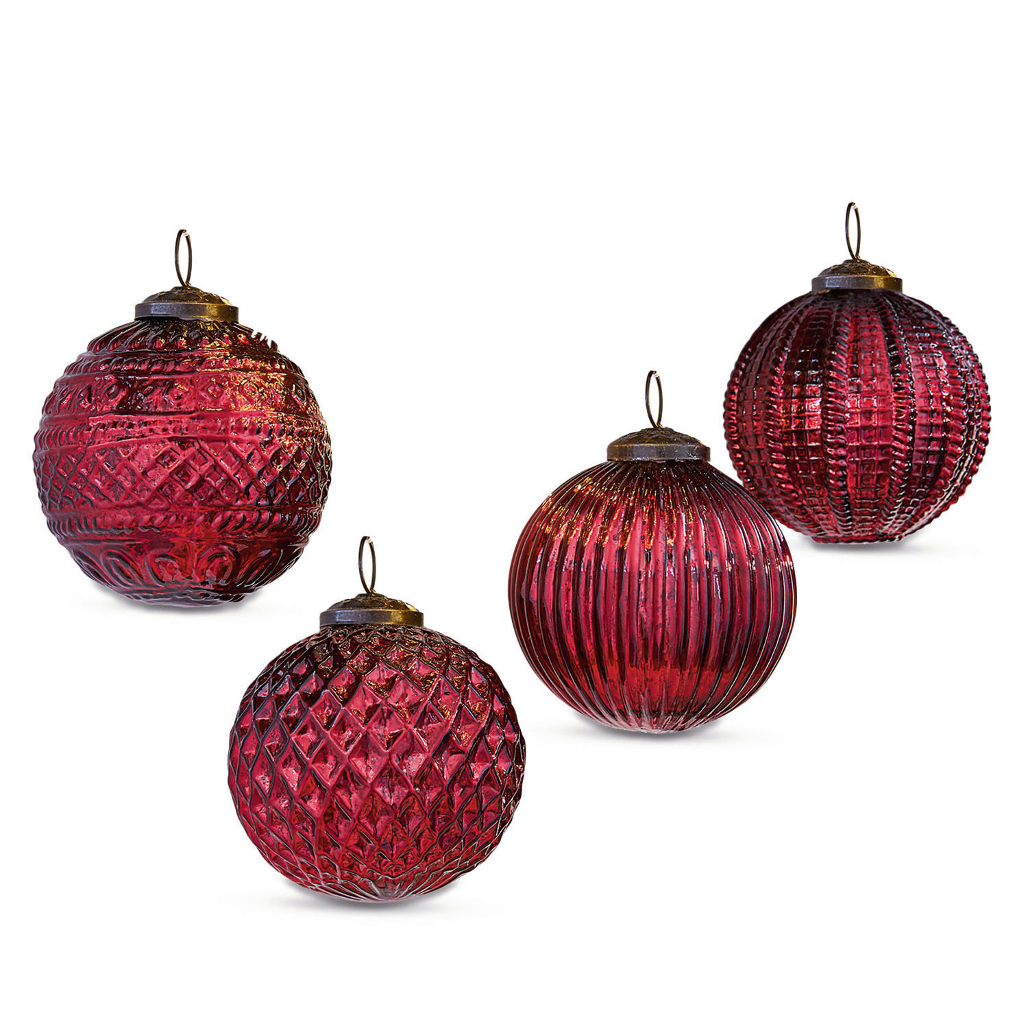 Weihnachtsschmuck 4er Set Ringas Vier rote Weihnachtskugeln aus Glas mit verschiedenen Strukturen und Metallhaken