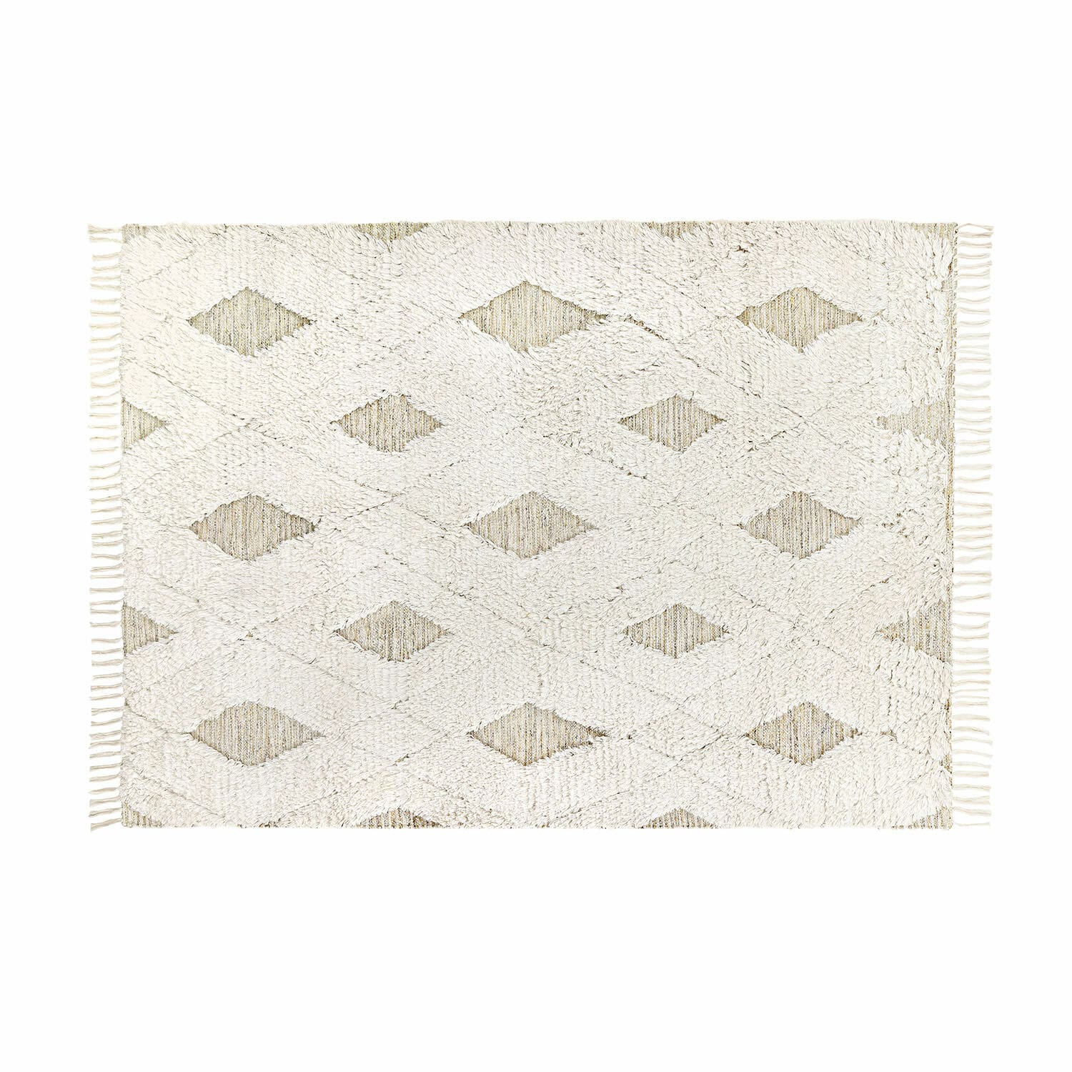 In- & Outdoor-Teppich Meagan Weißer Baumwollteppich mit geometrischem Muster und Fransen, weiches Material für Wohnräume