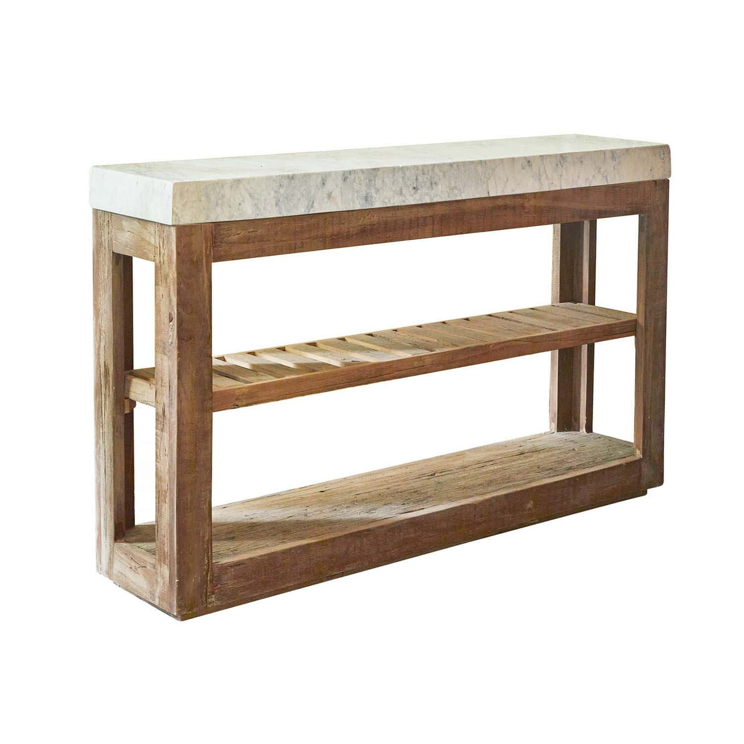 Konsole mit weißer Marmorplatte und natürlichem Holzrahmen, stilvolles Wohnzimmermöbel