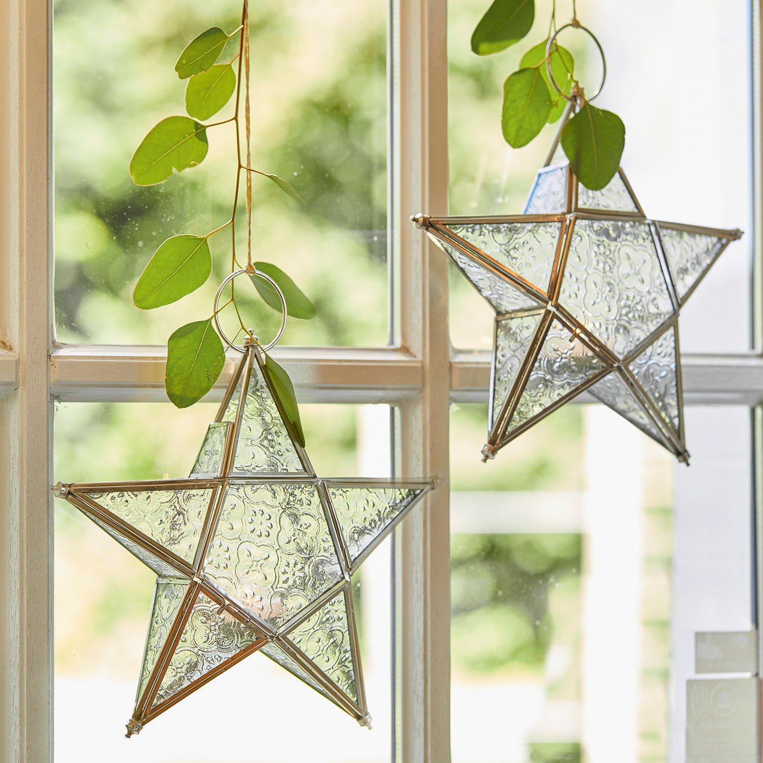 Windlicht 2er Set Kian Glassterne mit Metallrahmen als Fensterdeko, umgeben von grünen Blättern