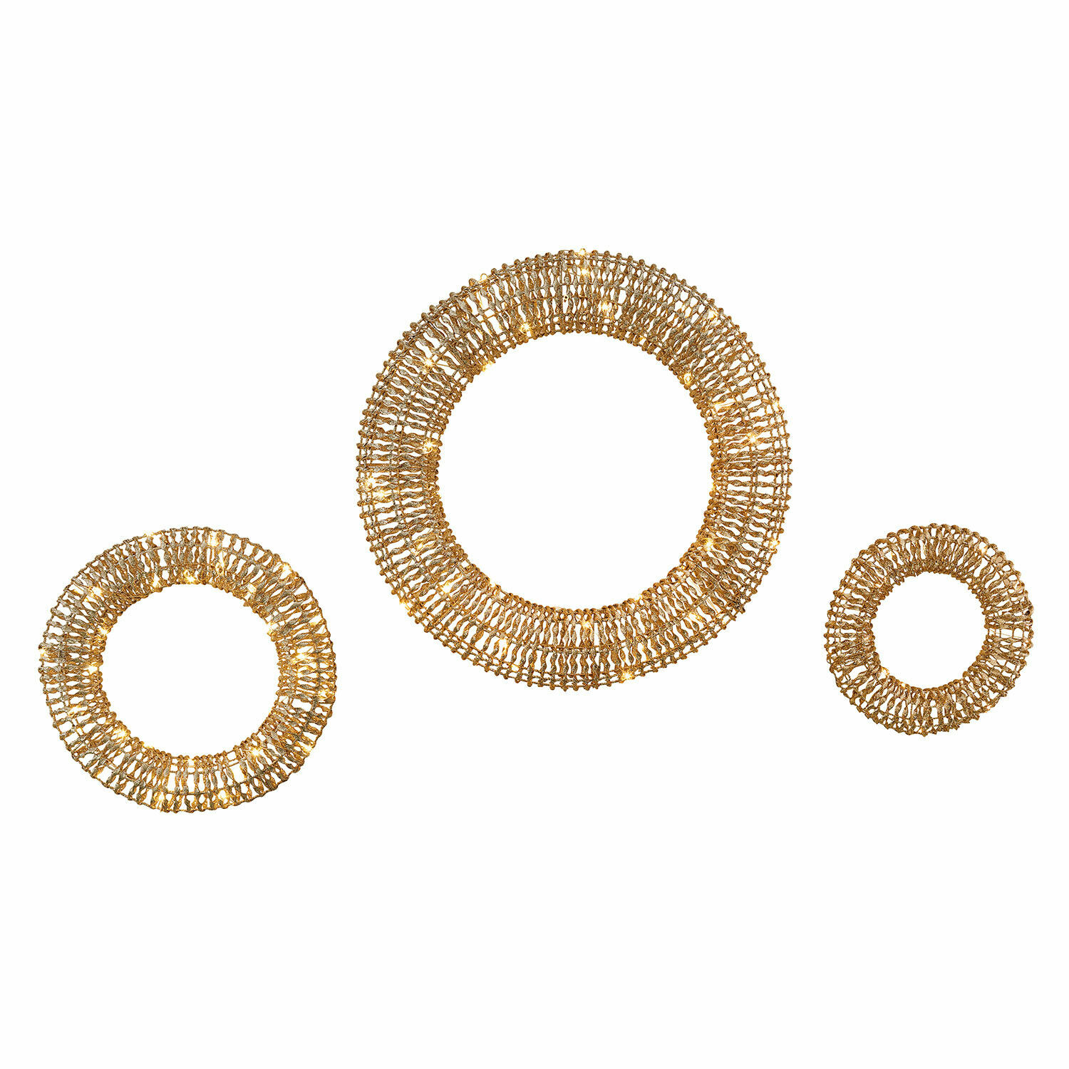 LED-Kranz 3er Set Antorino Set aus drei runden Wanddekorationen aus goldenem Natur-Rattan für stilvolles Wohnen