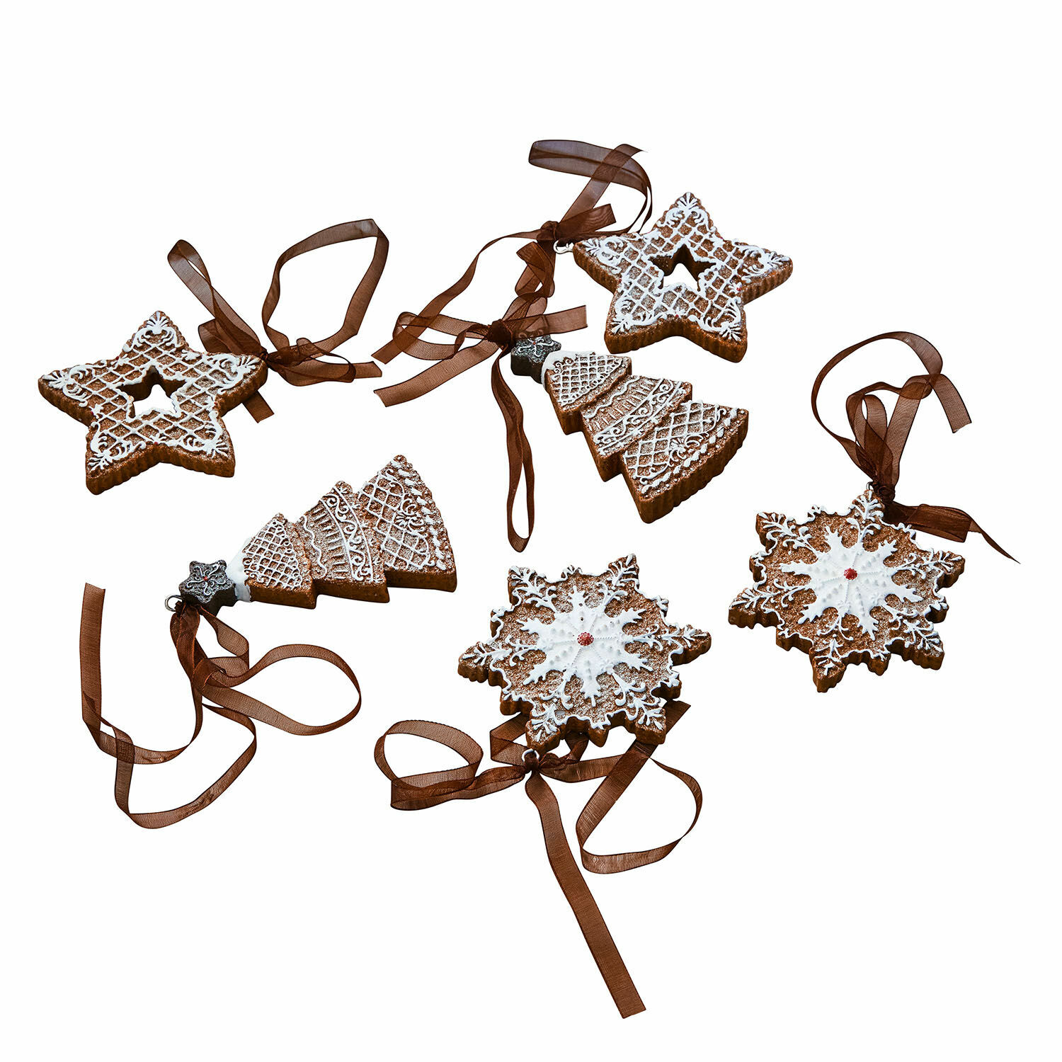 Anhänger 6er Set Chimayo Set aus Lebkuchen-Weihnachtsanhängern in Stern-, Tannen- und Schneeflockenform mit braunem Band