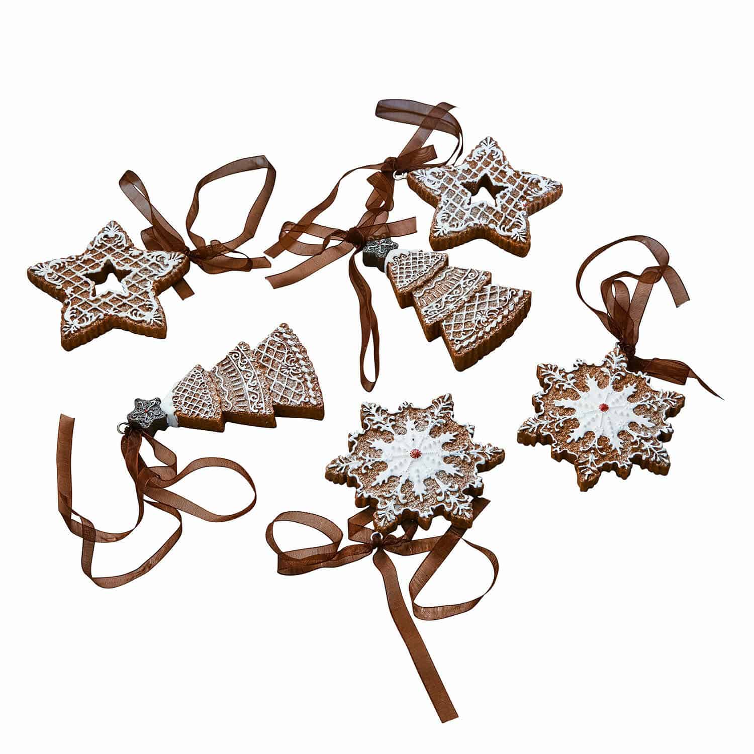 Anhänger 6er Set Chimayo Set aus Lebkuchen-Weihnachtsanhängern in Stern-, Tannen- und Schneeflockenform mit braunem Band