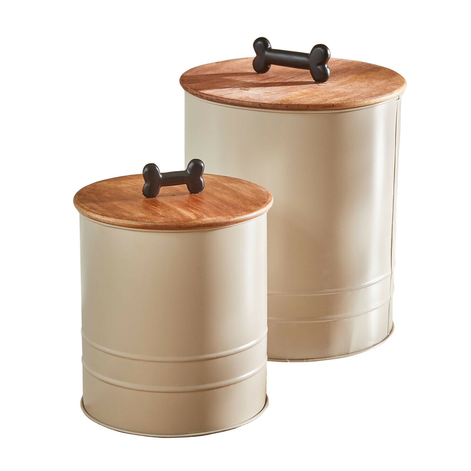 Dose 2er Set Esteluna Set aus zwei beigen Metallbehältern mit Holzdeckeln und knochenförmigen Griffen
