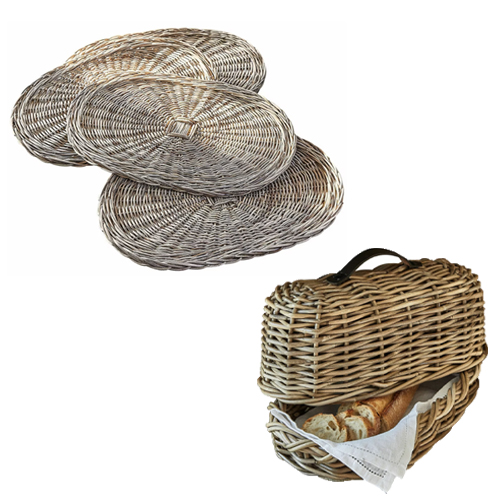 Set aus geflochtenen Platzsets und Brotkorb aus natürlichem, beigem Rattan-Material