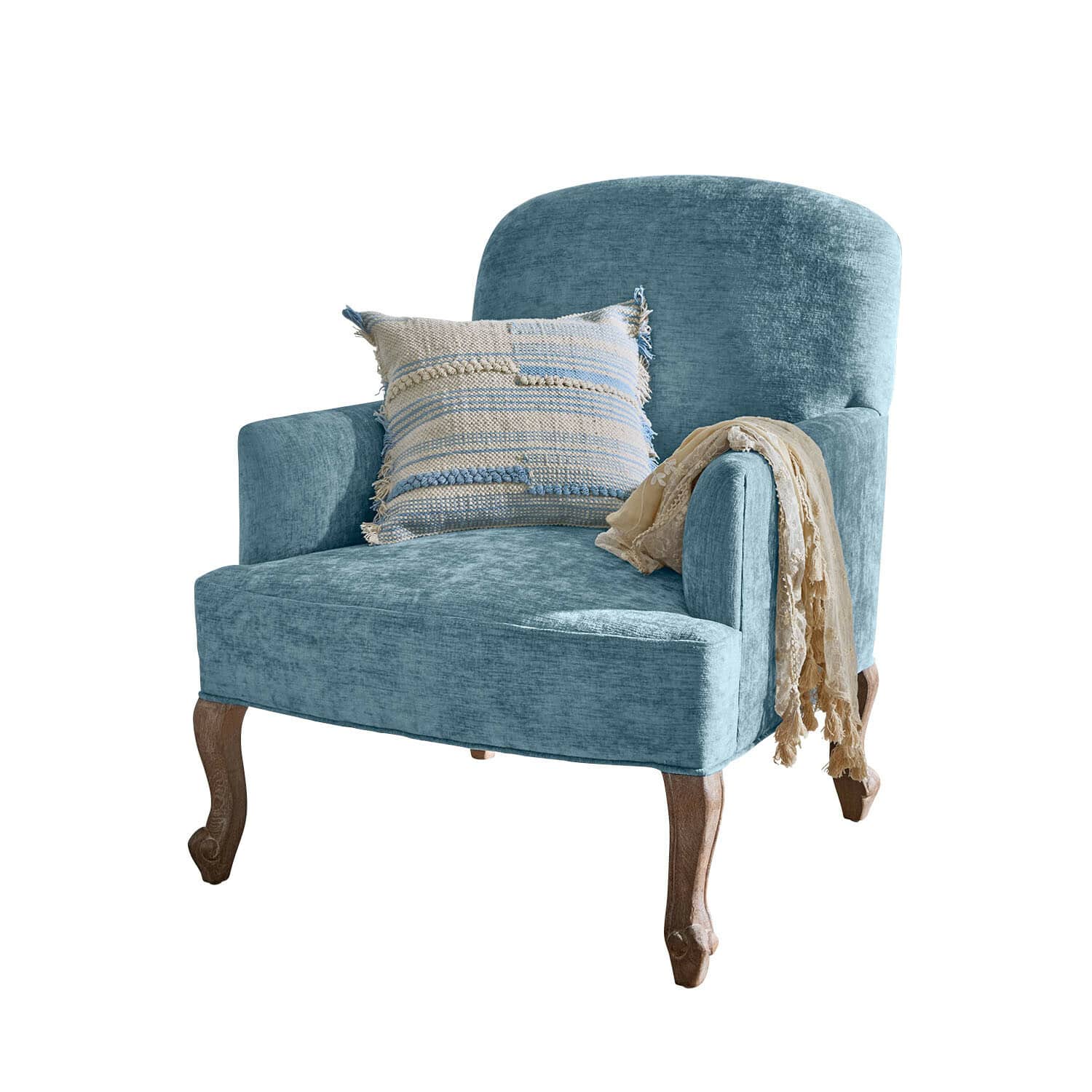 Blauer Polsterstuhl mit Holzbeinen, dekorativem Kissen und beiger Decke, gemütliches Sitzmöbel