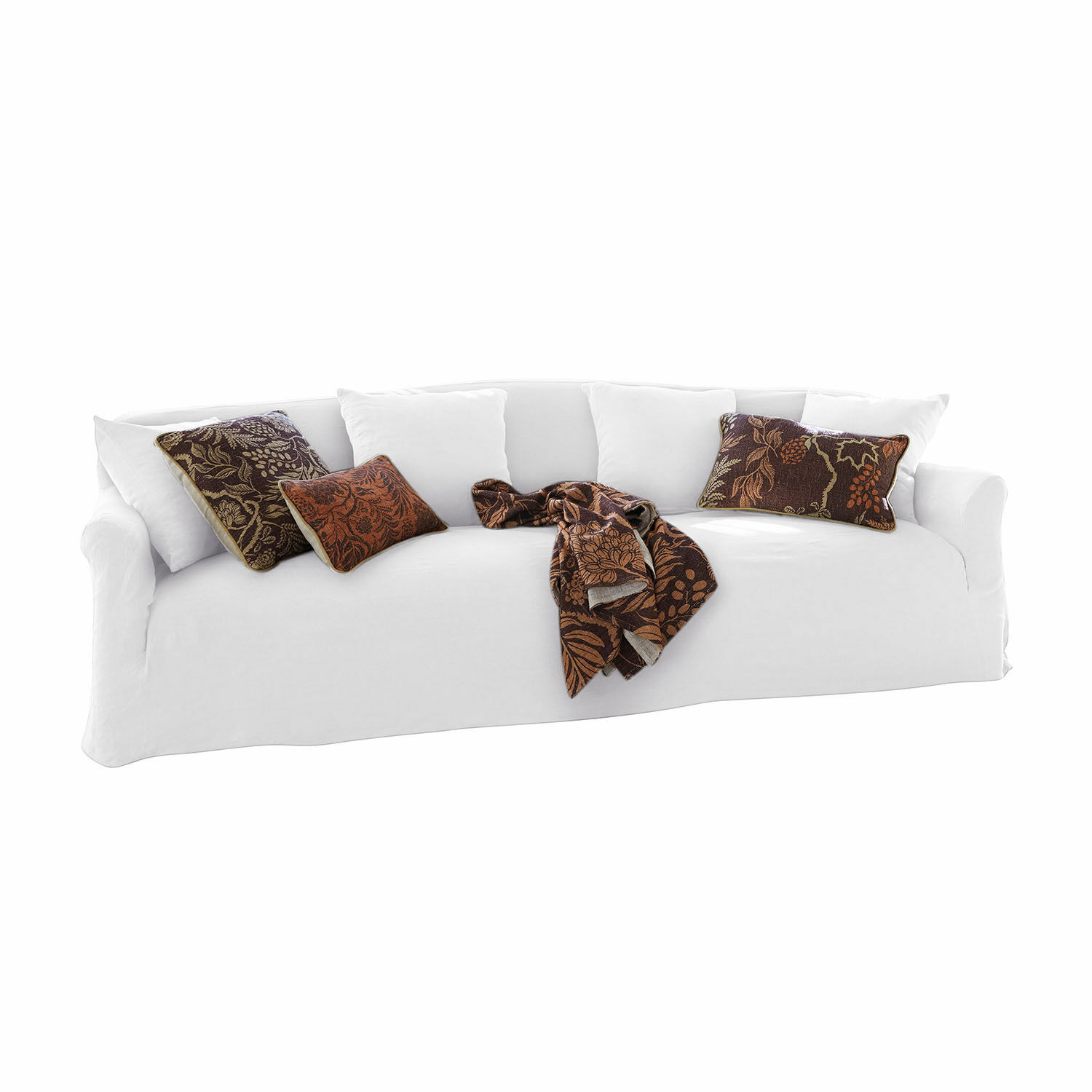 Sofa Riveneuve Weißes Sofa aus Stoff mit braunen Dekokissen und Decke, modernes Wohnzimmermöbel