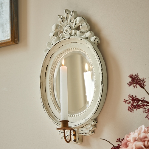 Ovaler Wandspiegel aus weißem Holz mit dekorativem Kerzenhalter, Vintage-Stil, Wanddekoration