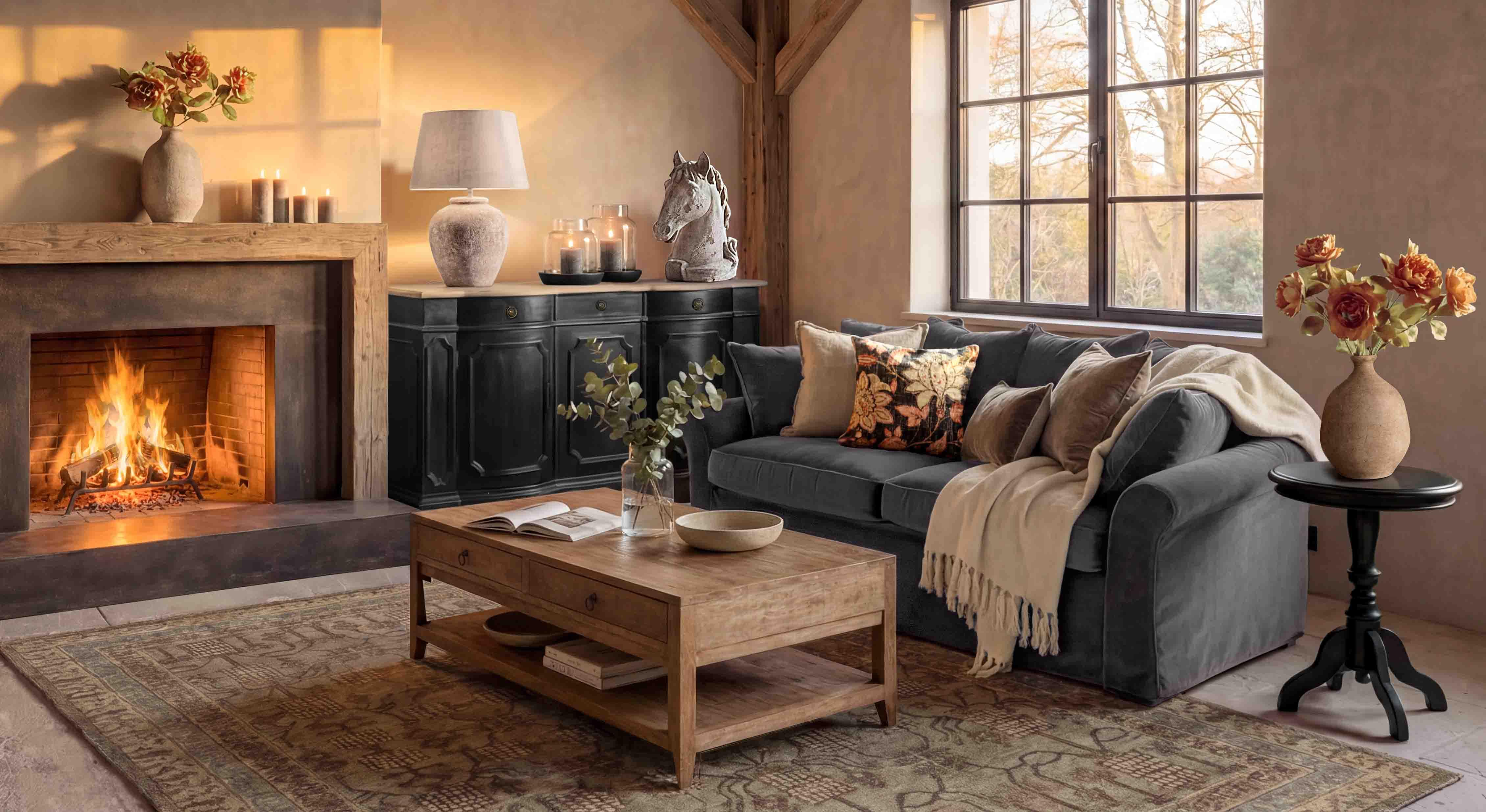 Gemütliches Wohnzimmer mit Kamin, grauem Sofa und Holzcouchtisch auf Vintage-Teppich