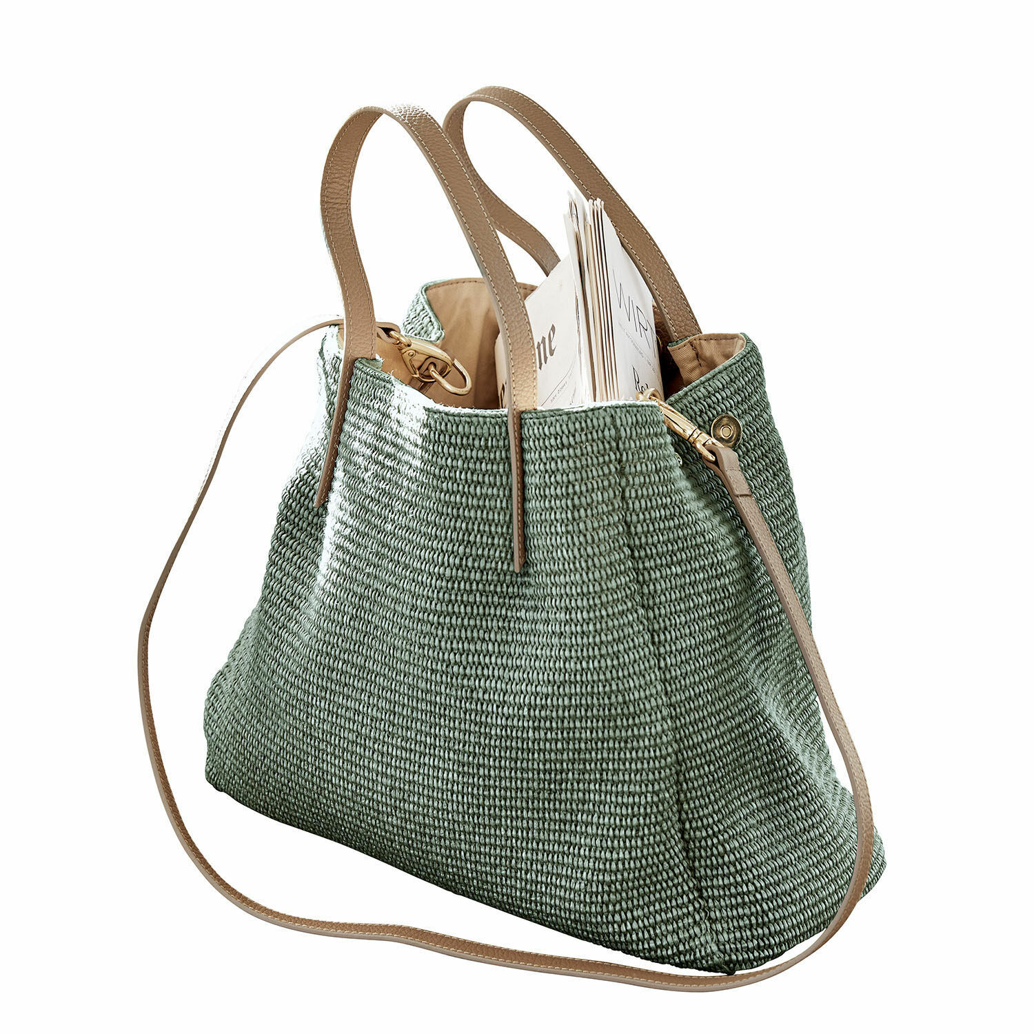 grün Grüne Tasche aus gewebtem Material mit beigen Griffen und Schulterriemen, geräumig und modisch