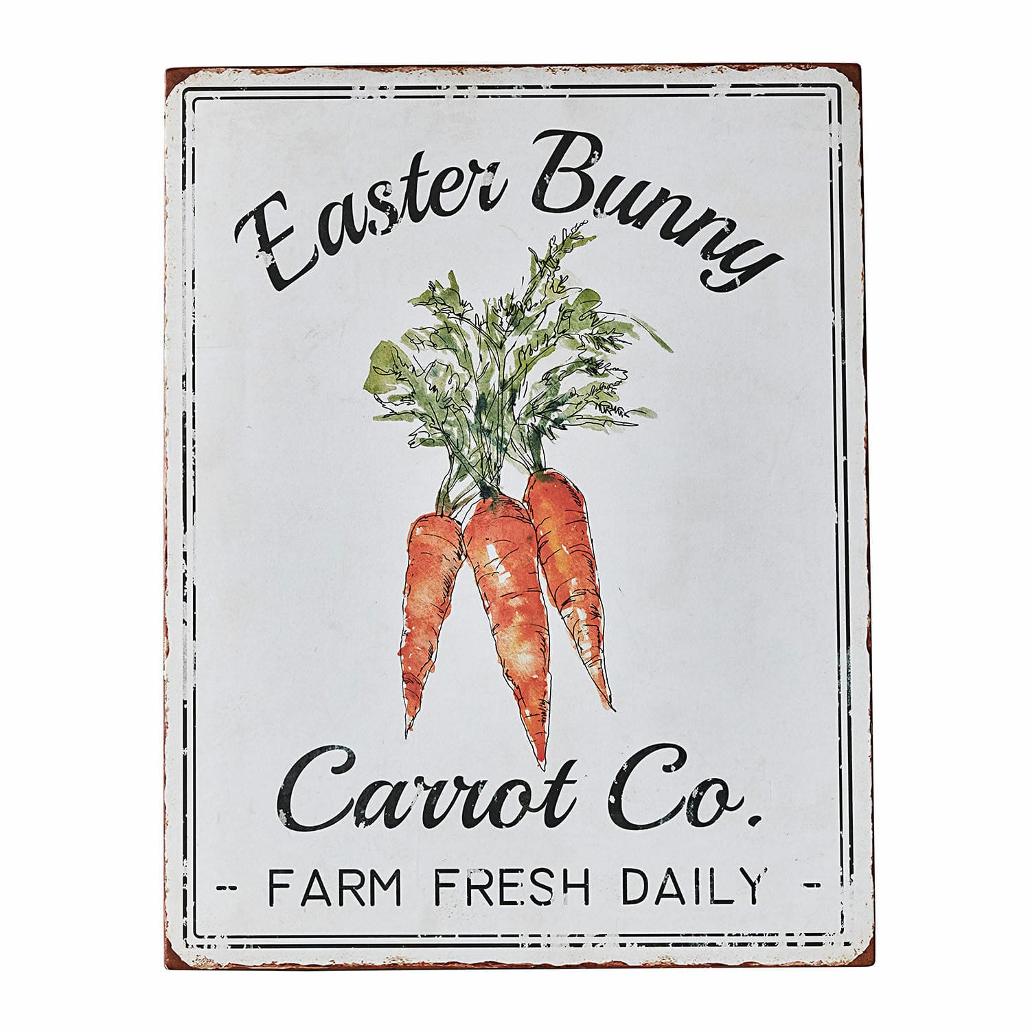 Deko-Schild Gimont Metall-Werbeschild mit Karottenmotiv und Schriftzug Easter Bunny Carrot Co. in Weiß.