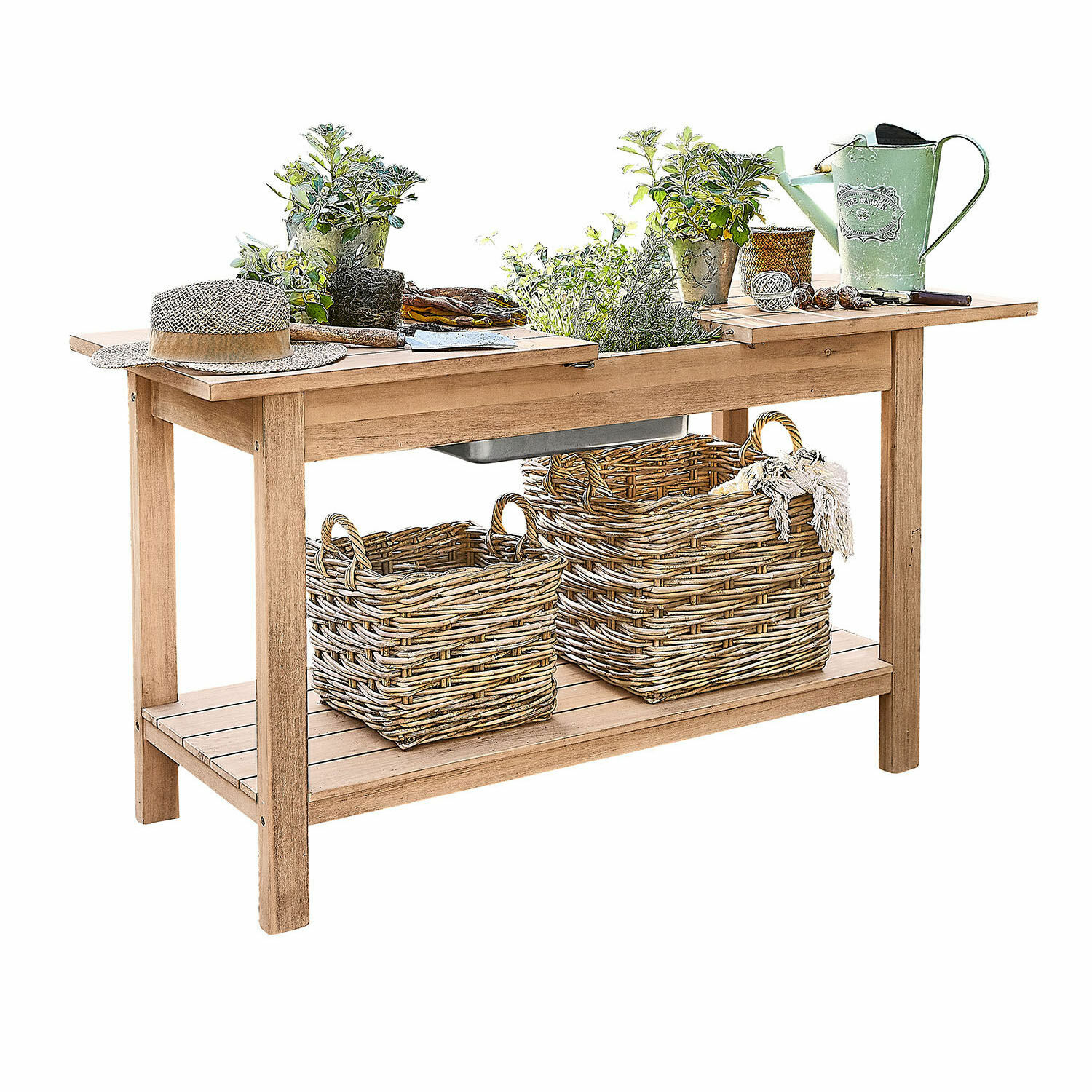 Pflanztisch FSC®-100% Venzone Gartentisch aus Holz mit Weidenkörben und grünen Pflanzen, ausgestattet mit Gartengeräten