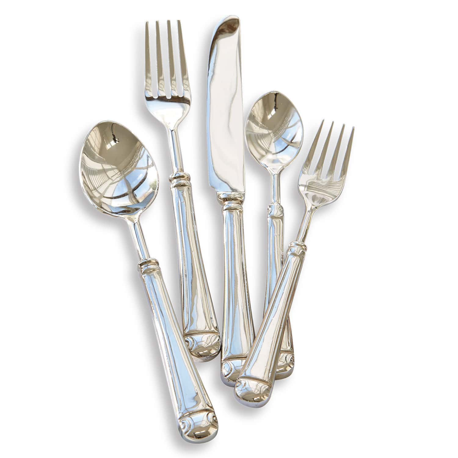 Besteck Eriat Set aus silberfarbenem Edelstahlbesteck auf weißem Hintergrund, elegante Küchenutensilien