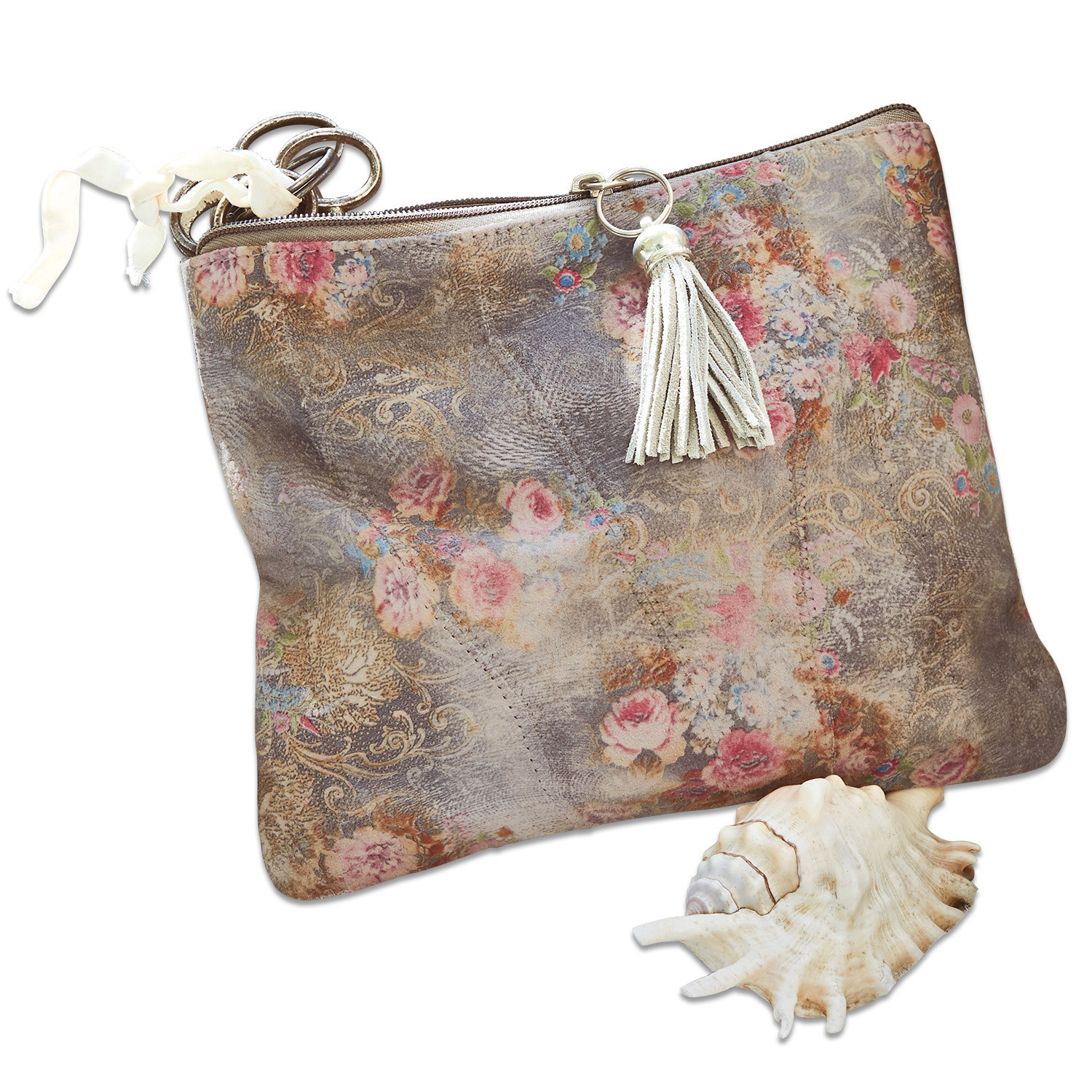Täschchen Ottilie Wildleder-Tasche in Beige-Braun mit floralem Muster, Quaste und Reißverschluss