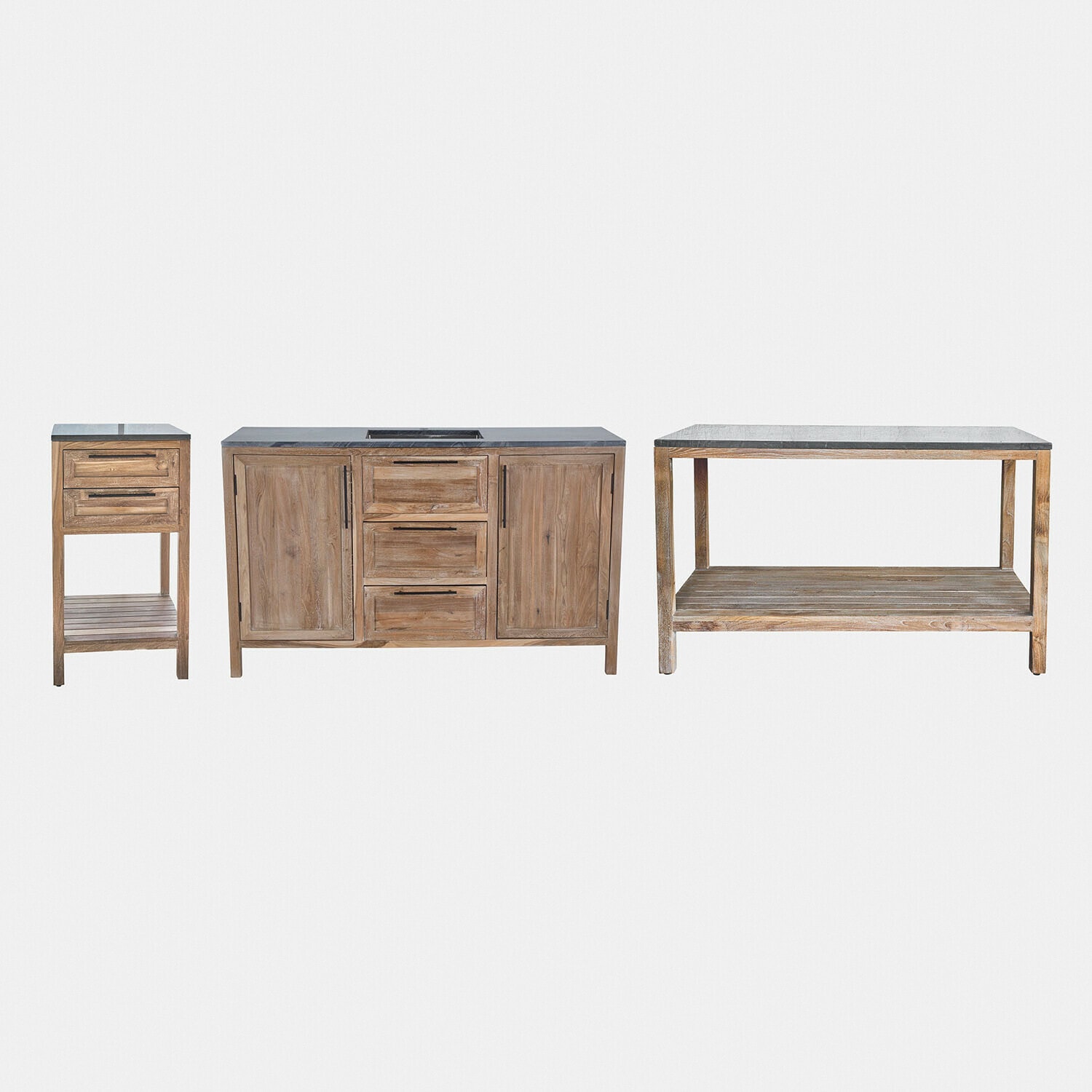 Outdoor-Küche 3er Set Corviano Badezimmermöbel-Set aus Teakholz mit Steinplatte, natürliche Farbe, praktische Schränke und Regale